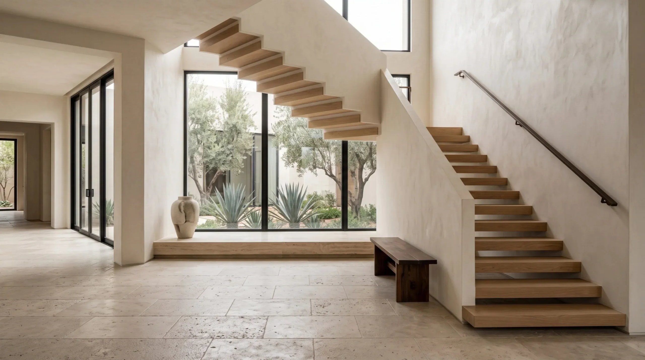 Vista de un vestíbulo interior minimalista de doble altura con escalera flotante de madera en voladizo, piso de travertino y un gran muro de ventanas con vista a un patio exterior, representando la grandiosidad espacial y la conexión interior-exterior de RBA Residences en Zapopan.