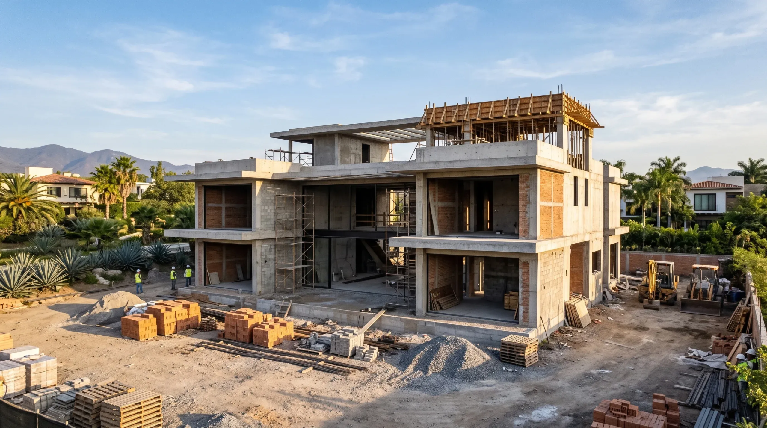 Vista de una gran residencia de lujo de varios niveles en construcción activa, con estructura de concreto reforzado, mampostería de ladrillo expuesto, encofrado de madera temporal y andamios. El sitio cuenta con materiales organizados (ladrillos, tarimas, grava y maquinaria) con un fondo de palmeras y montañas lejanas, representando la solidez estructural y la preparación logística de RBA Residences en Zapopan.