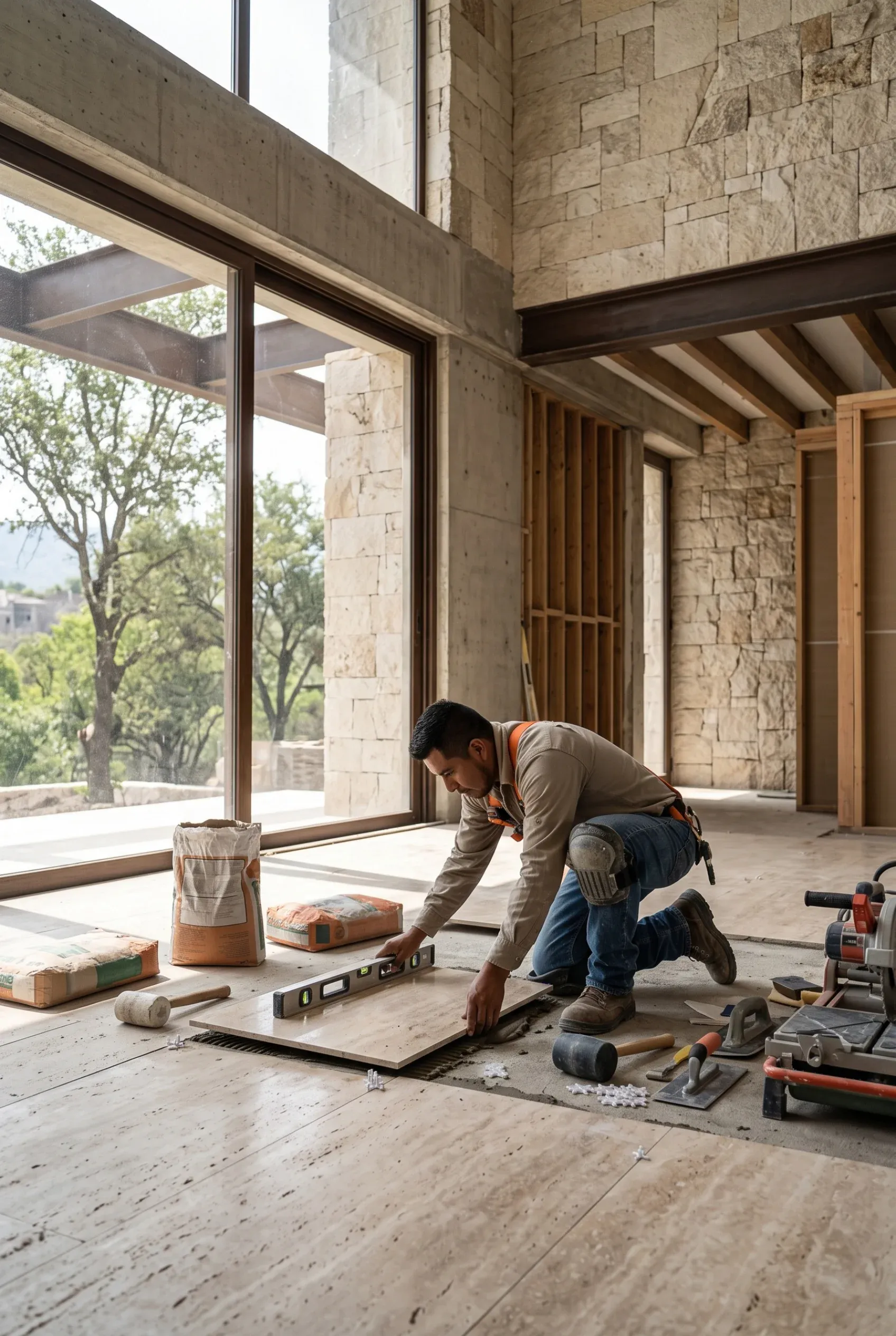 Vista de un trabajador arrodillado en el interior de una casa moderna en construcción, utilizando un nivel de burbuja para alinear perfectamente los pisos de loseta, representando la precisión en los acabados interiores y la atención al detalle de RBA Residences en Zapopan.