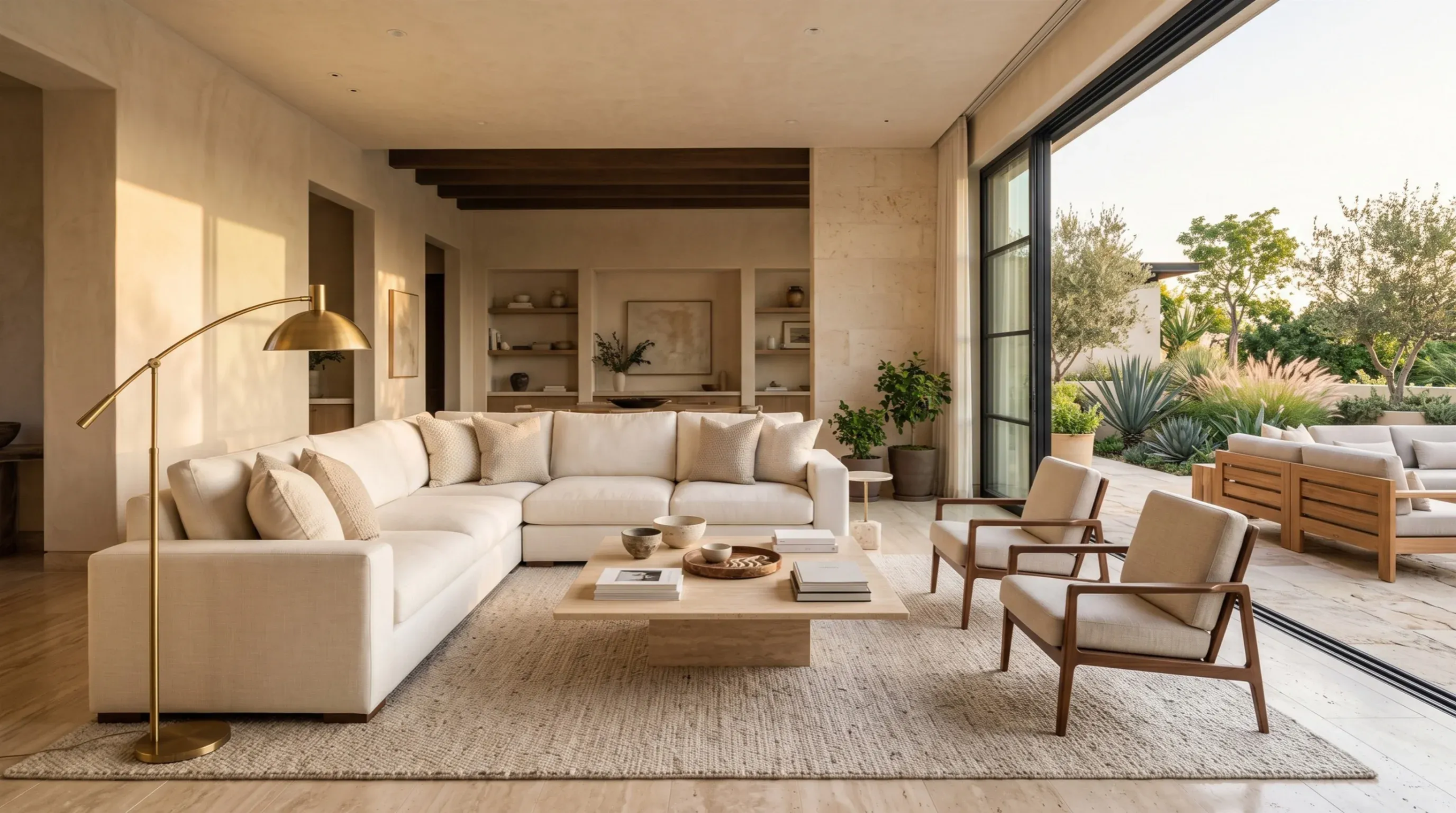 Vista de una sala de estar de lujo de concepto abierto interior-exterior con un sofá seccional color crema, puertas corredizas de vidrio de piso a techo y acceso continuo a un patio de piedra travertino, representando la fluidez espacial y el confort sofisticado de RBA Residences en Zapopan.