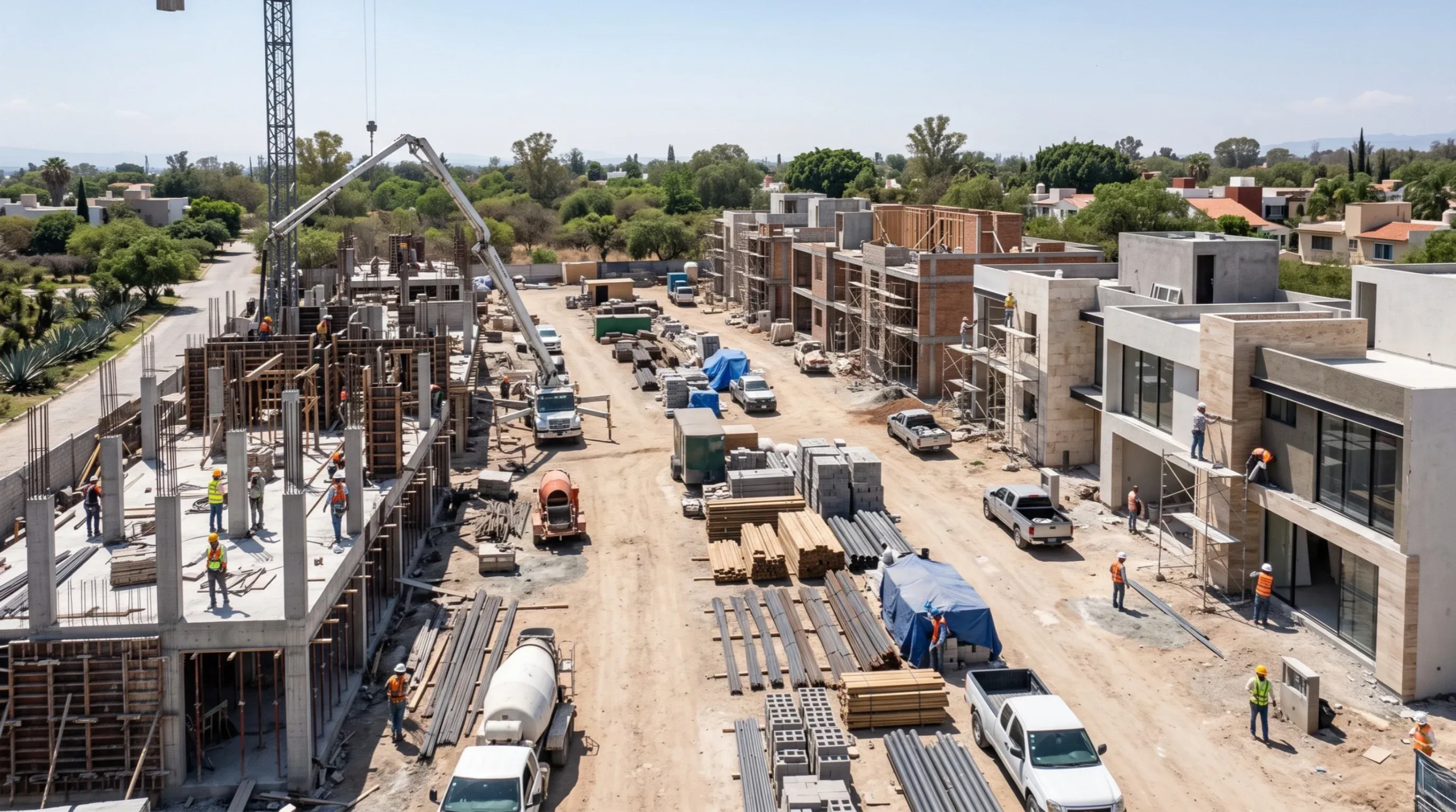 Vista aérea a nivel de ojo de una zona de construcción activa, mostrando colados de concreto en curso con una bomba de pluma sobre el marco estructural a la izquierda, junto a la instalación completada de revestimiento de piedra en villas modernas de lujo a la derecha, representando la maestría en fases constructivas y el progreso impecable de RBA Residences en Zapopan.