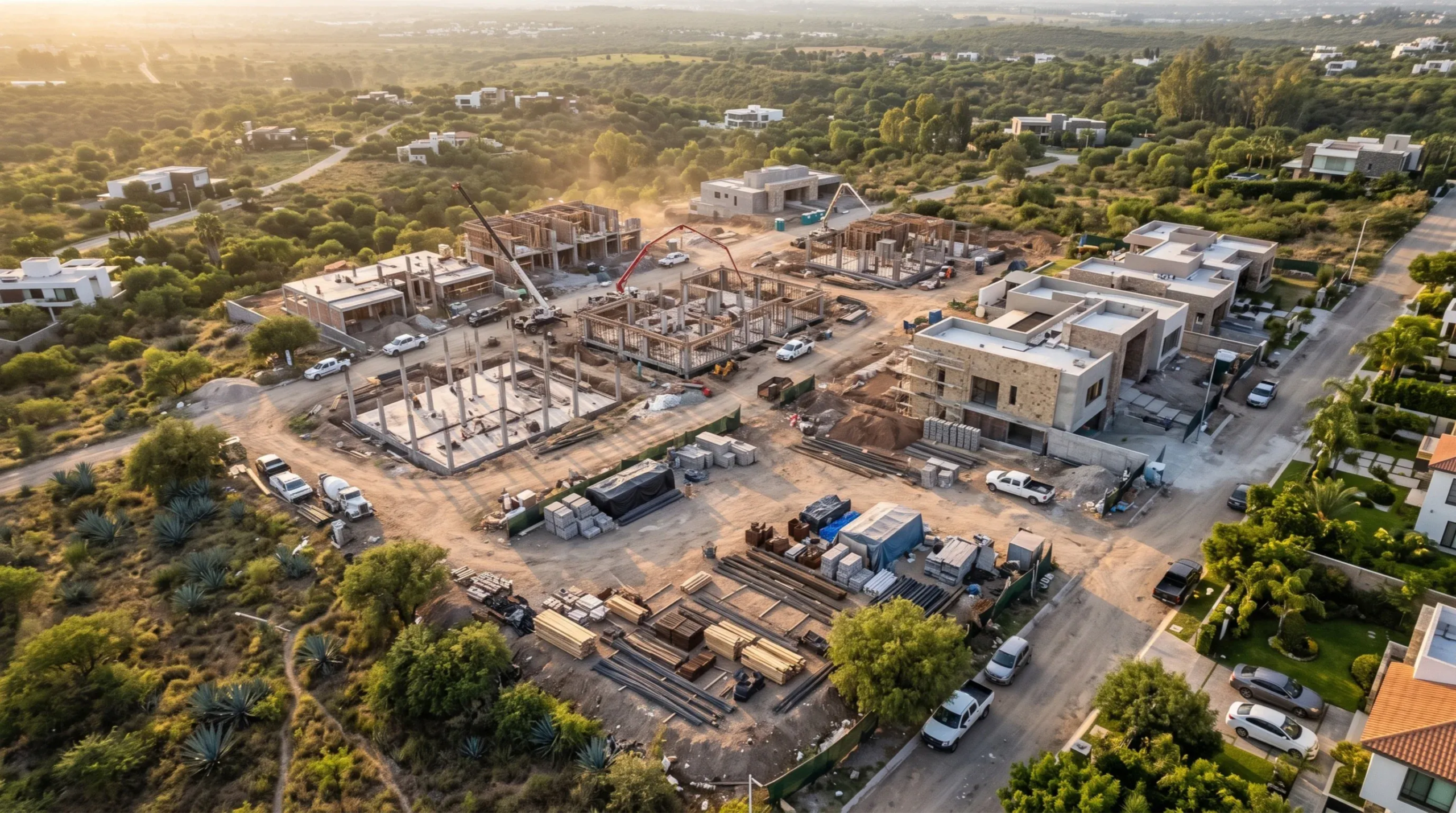 Vista aérea de gran angular de un extenso sitio de construcción residencial en un paisaje ondulado, mostrando cimientos activos, estructura, bombas de concreto y materiales apilados, rodeado de villas modernas de lujo, representando la orquestación a gran escala y la dinámica constructiva de RBA Residences en Zapopan.