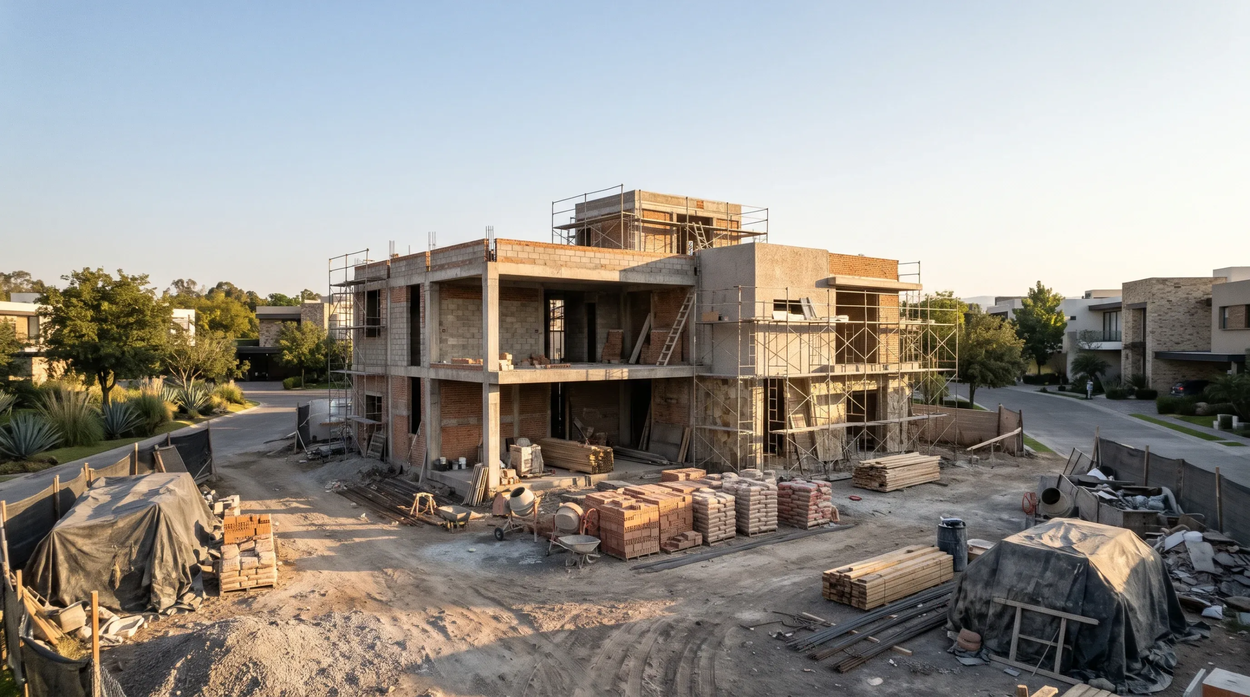 Vista de perspectiva amplia de un edificio residencial de varios niveles en construcción con estructura de concreto expuesto, muros de ladrillo rojo y andamios de acero, representando la integridad estructural, la transparencia en el avance y la ingeniería robusta de RBA Residences en Zapopan.
