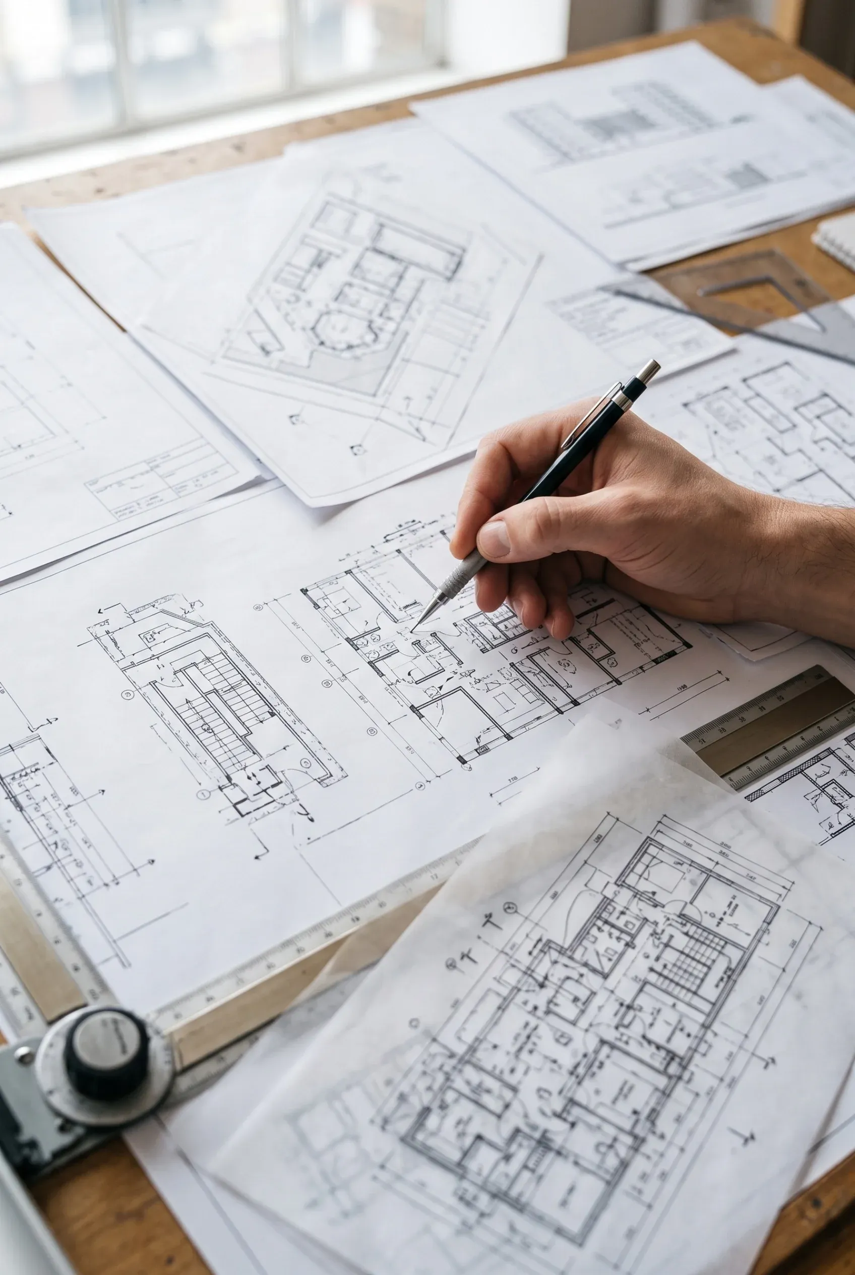 Vista en primer plano de las manos de un arquitecto usando un lápiz técnico para marcar planos de planta detallados, superposiciones de planos y diseños estructurales sobre una mesa de dibujo, representando la precisión milimétrica y el compromiso con el detalle de RBA Residences en Zapopan.