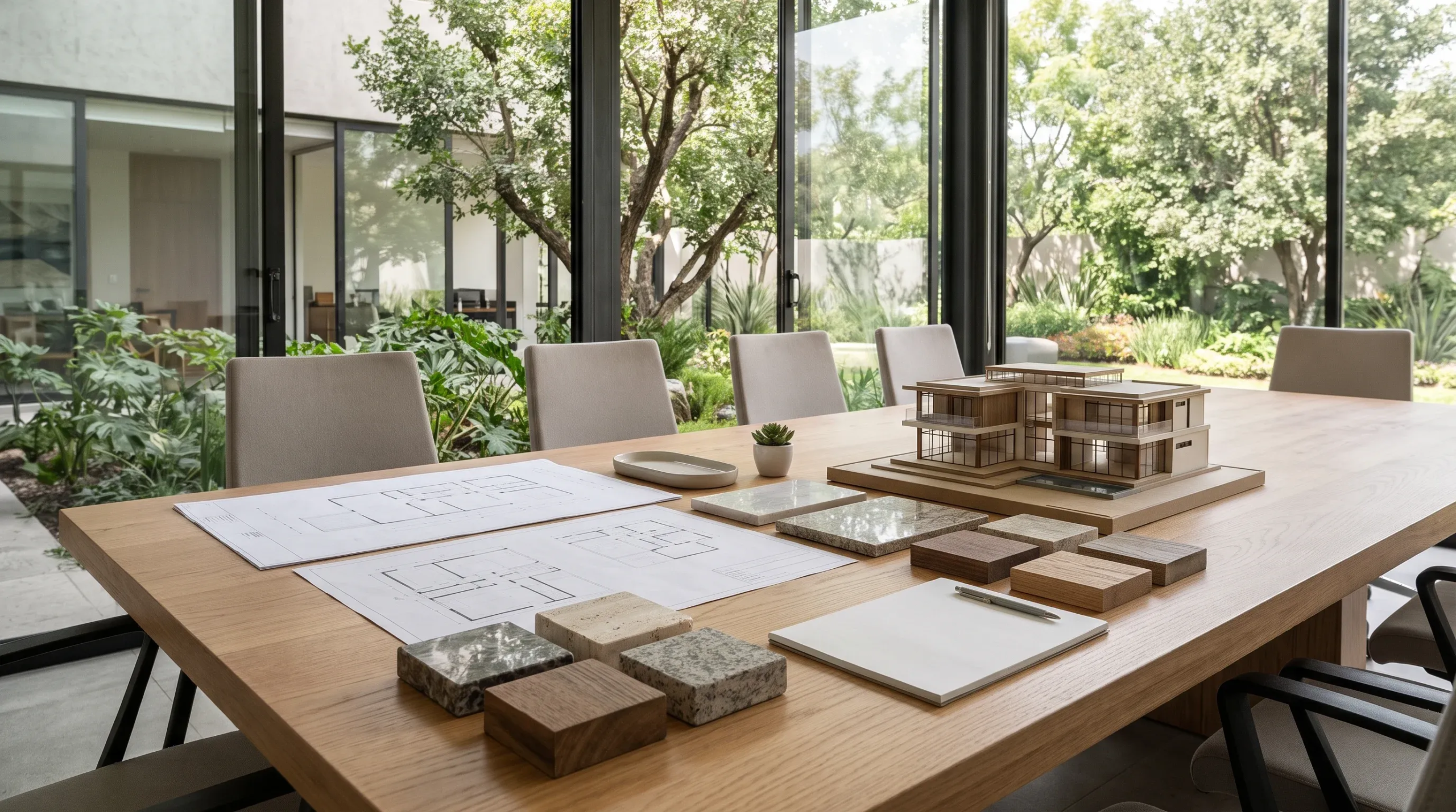 Vista de una mesa de conferencias de arquitectos con planos de planta, una maqueta arquitectónica a escala detallada, muestras de acabados de madera y piedra, un bloc de notas y una pared de vidrio de piso a techo que se abre a un jardín paisajístico, representando la transparencia estratégica y la materialización de la visión de RBA Residences en Zapopan.