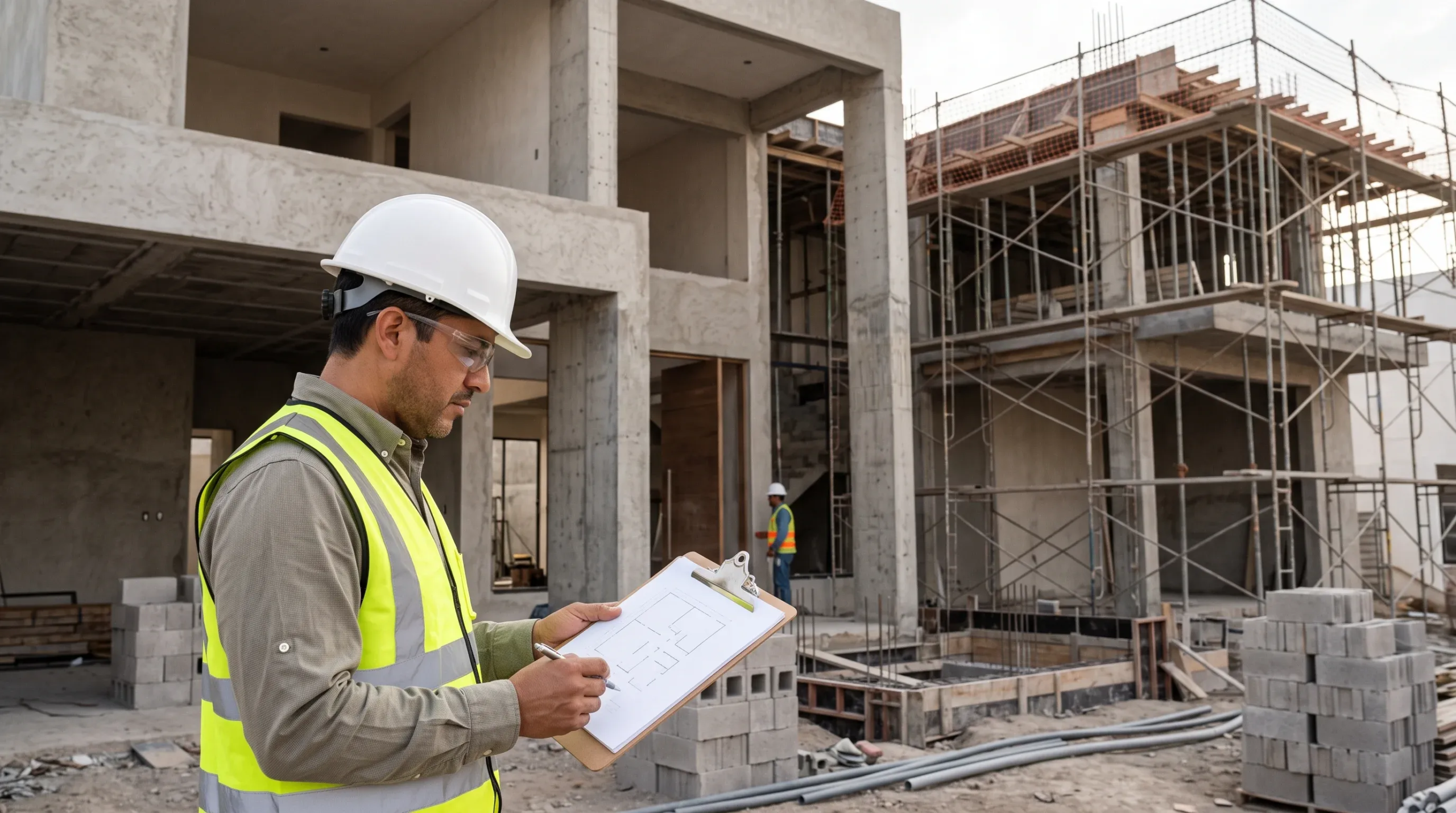 Vista de un ingeniero de sitio revisando planos estructurales y el avance de la construcción en un proyecto residencial de varios niveles, representando el liderazgo activo en obra y la supervisión rigurosa del crecimiento vertical de RBA Residences en Zapopan.