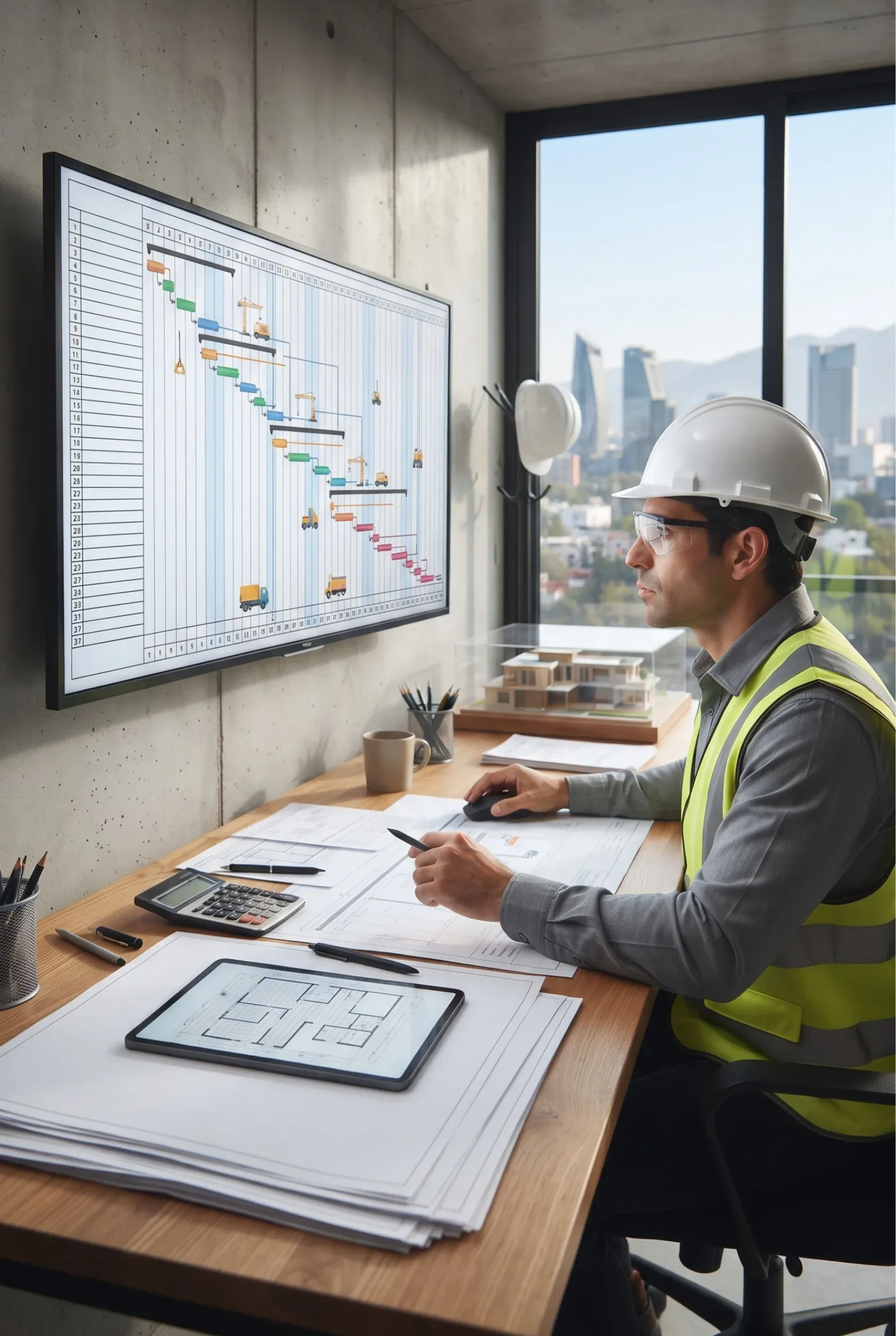 Vista de un gerente de proyecto con casco de seguridad y chaleco reflectante revisando un diagrama de Gantt en un monitor de pared en su escritorio, rodeado de planos, una calculadora y una tableta con distribuciones de planta, representando la maestría en cronogramas y la orquestación estratégica de RBA Residences en Zapopan.
