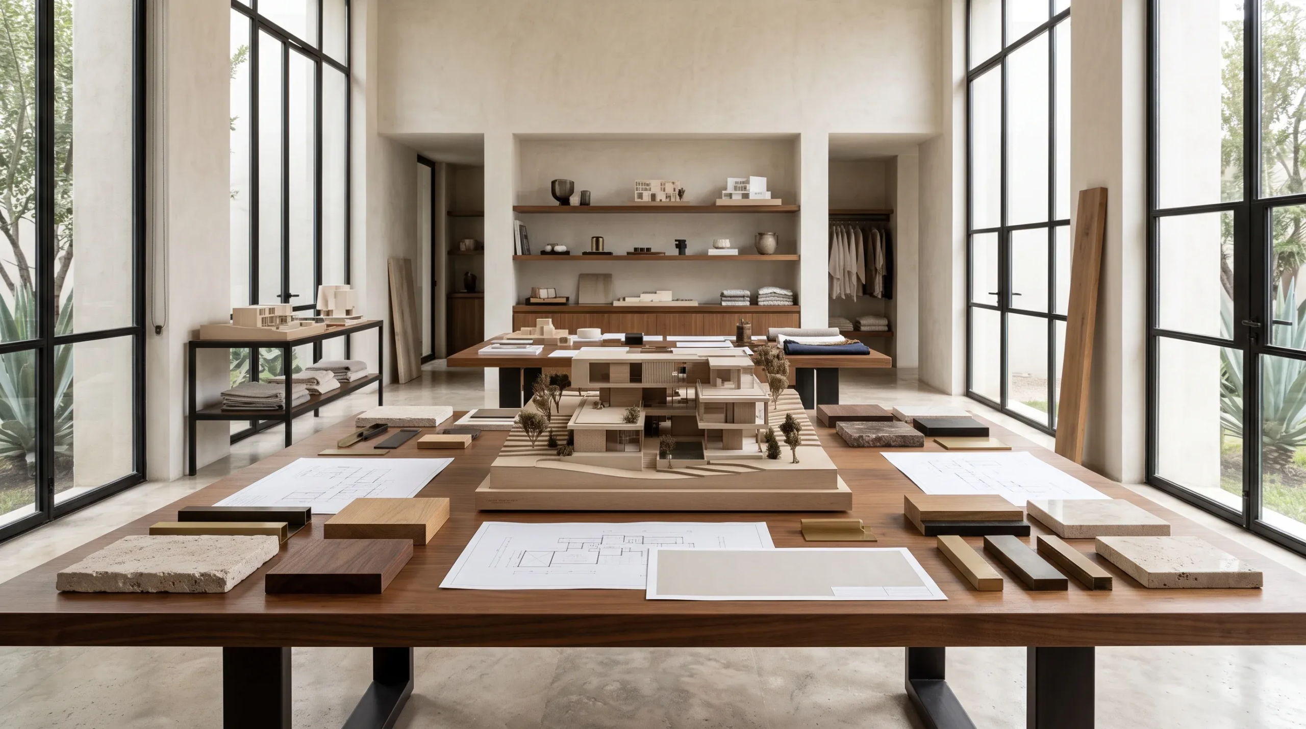 Vista del interior de un estudio arquitectónico con una mesa de exhibición central con planos, maquetas físicas y muestras de materiales frente a grandes ventanales de marco negro, representando la experiencia inmersiva del cliente y la presentación curada del diseño de RBA Residences en Zapopan.