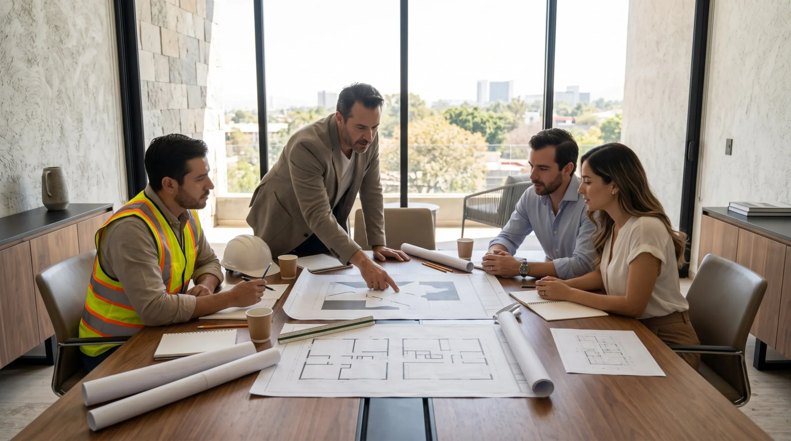 Vista de un equipo arquitectónico, supervisor de obra y clientes realizando una reunión de coordinación en sitio alrededor de una mesa, revisando planos de planta y dibujos estructurales frente a un acristalamiento de doble altura y acabados de muros interiores personalizados, representando la validación en obra y la transparencia colaborativa de RBA Residences en Zapopan.
