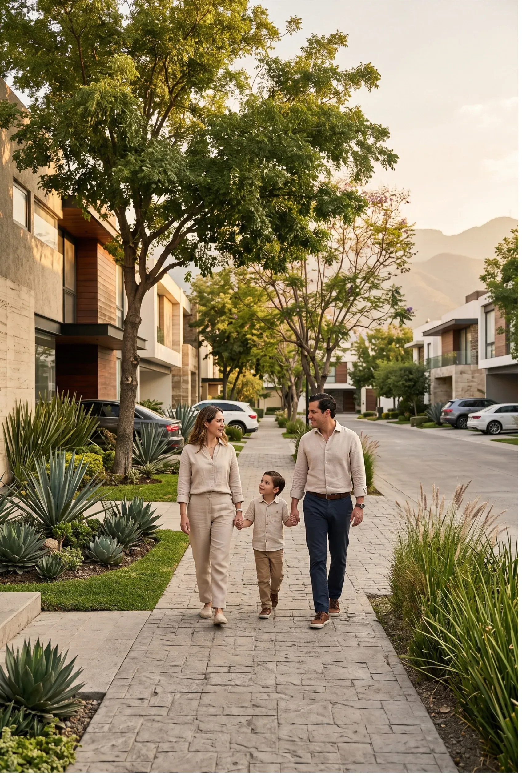 Vista de una familia tomada de la mano caminando por una acera pavimentada en un vecindario residencial moderno, representando la seguridad comunitaria, el estilo de vida familiar y el entorno premium de RBA Residences en Zapopan.