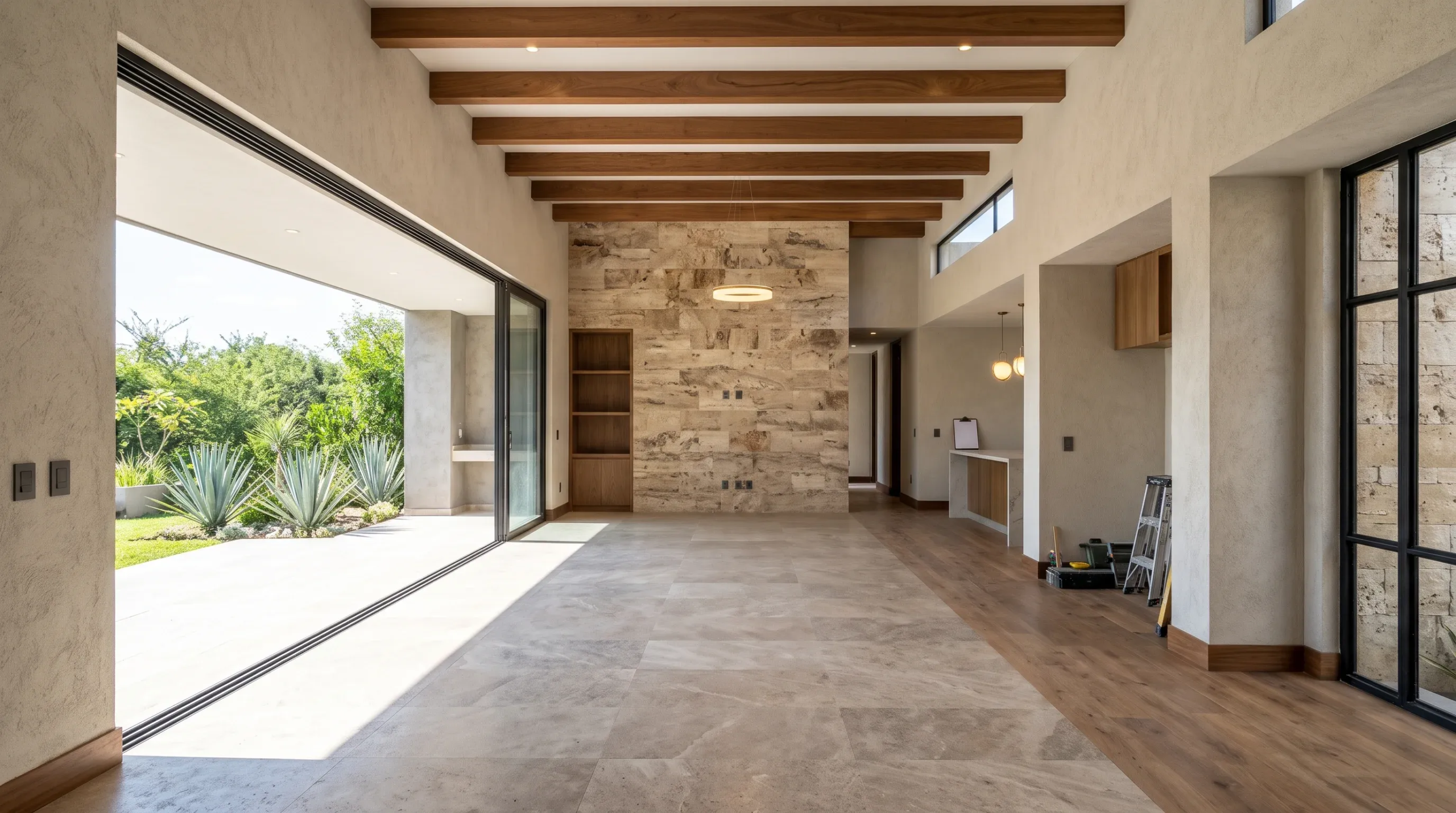 Vista interior de planta abierta con vigas de techo de madera expuestas, pisos de loseta de piedra y madera, acento de pared de travertino y puertas de vidrio tipo pocket que se abren a un patio y jardín exterior, representando la continuidad arquitectónica y el flujo sin barreras de RBA Residences en Zapopan.