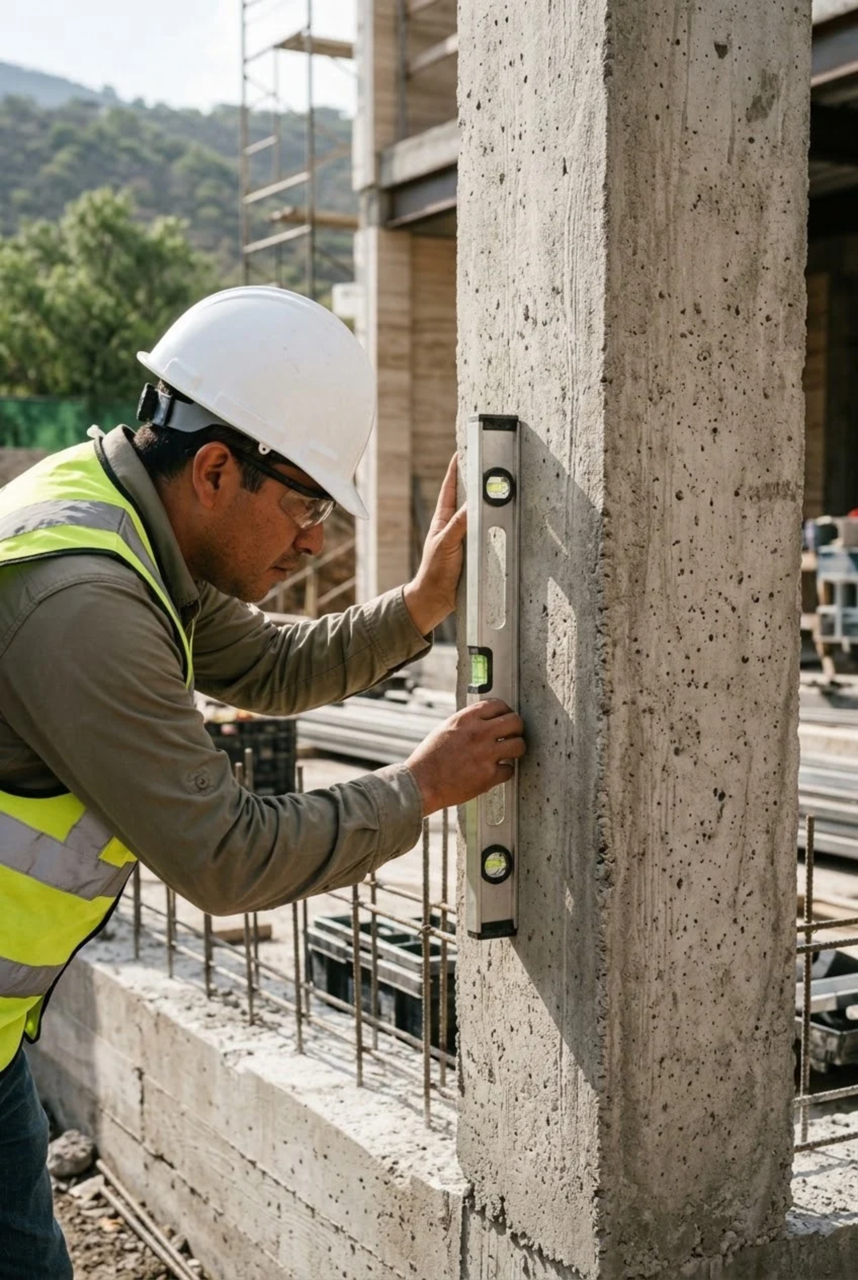 Vista de un trabajador de la construcción con casco y chaleco de seguridad verificando la alineación de un pilar de concreto con un nivel de burbuja, representando la supervisión de calidad y la ejecución meticulosa de RBA Residences en Zapopan.