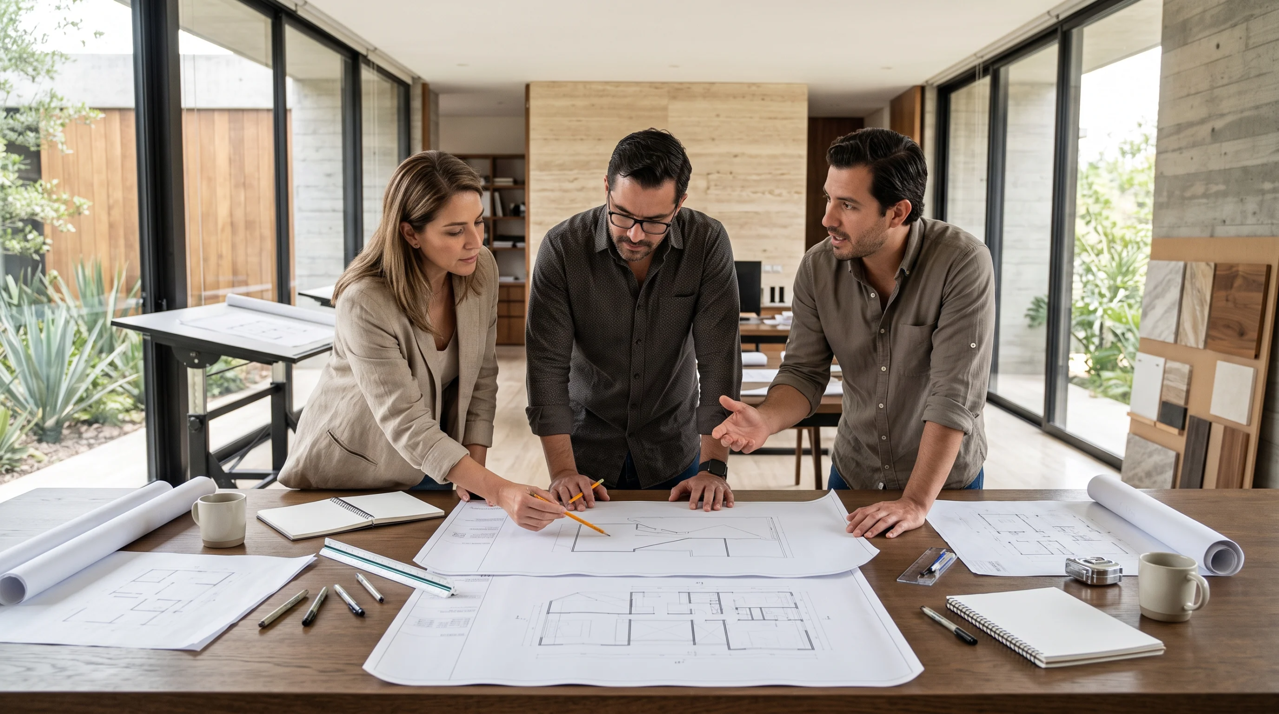 Vista de arquitectos colaborando sobre planos arquitectónicos en un estudio moderno, representando el trabajo en equipo multidisciplinario y la excelencia en el diseño de RBA Residences en Zapopan.