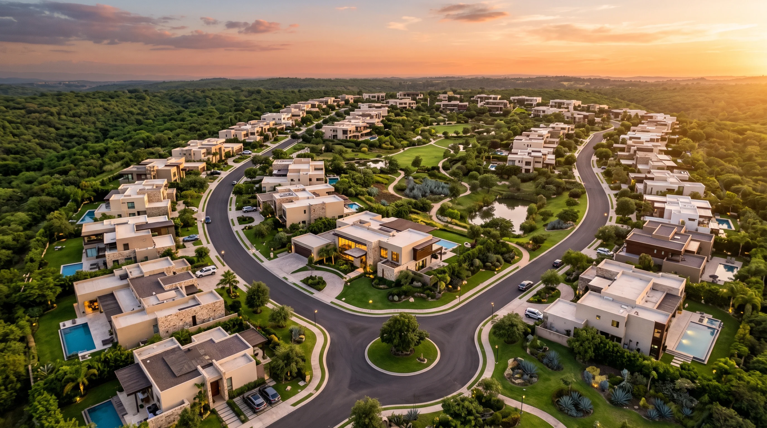 Vista aérea de una comunidad residencial de lujo planificada, mostrando la integración de infraestructura, áreas verdes y diseño arquitectónico moderno, representando la visión de ecosistema premium y desarrollo integral de RBA Residences en Zapopan.