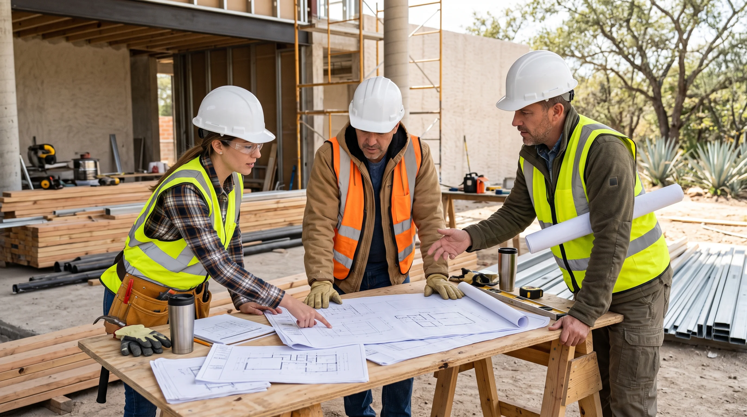 Vista de trabajadores de la construcción revisando planos arquitectónicos directamente en el sitio de obra, representando la alineación constructiva y la ejecución fiel al diseño original de RBA Residences en Zapopan.
