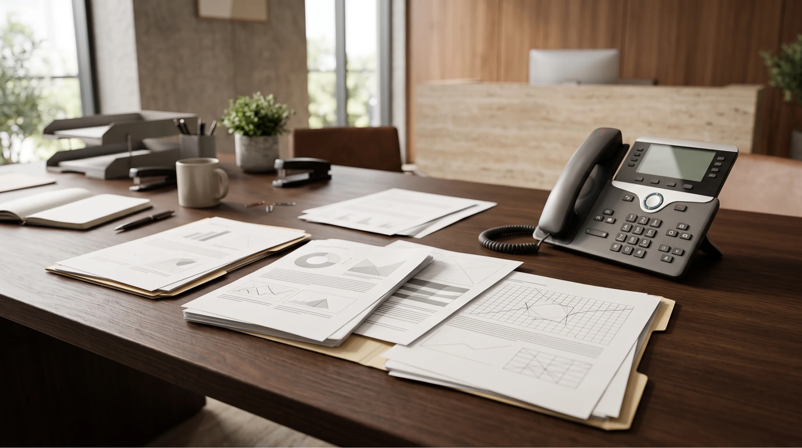 Vista de un escritorio de oficina con teléfono, documentos y gráficos, representando la comunicación directa, el seguimiento proactivo y el servicio de conserjería de proyecto de RBA Residences en Zapopan.