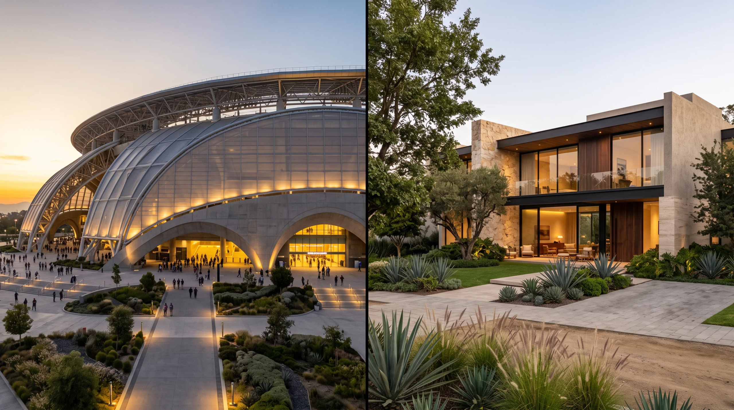 Vista comparativa entre la arquitectura de un gran estadio público y el diseño de una residencia de lujo, representando la traducción de la escala monumental a la exclusividad íntima y personalizada de RBA Residences en Zapopan.
