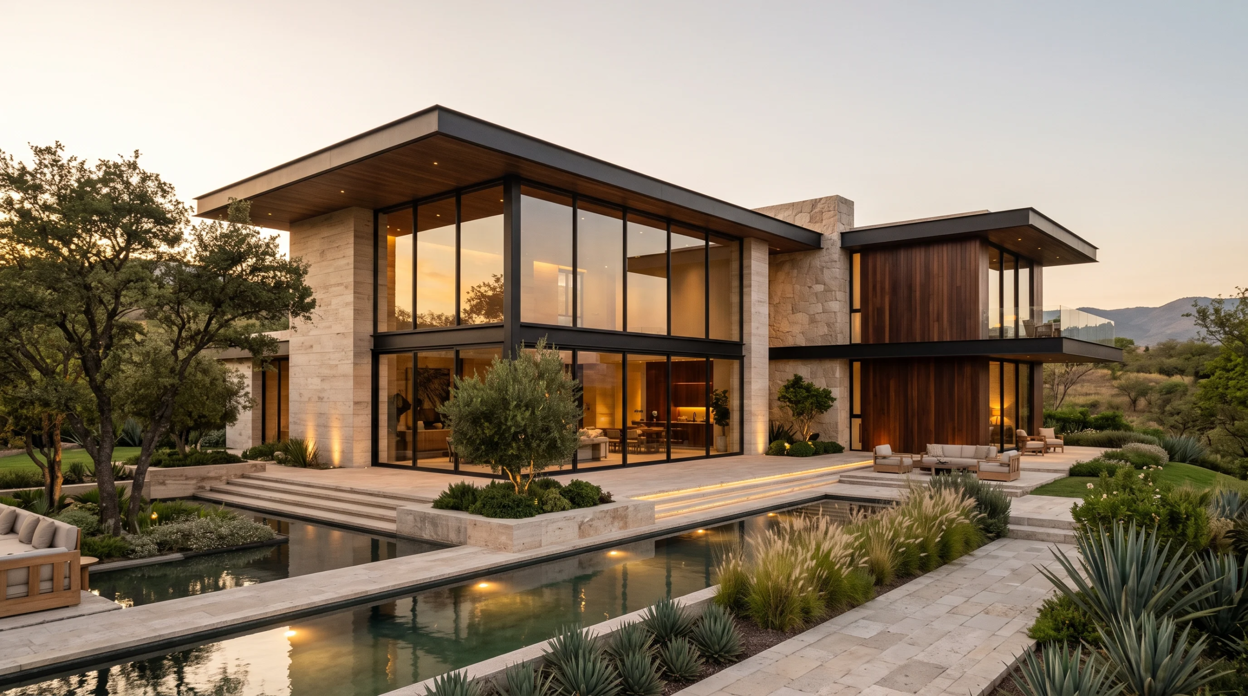 Vista de una residencia moderna de lujo de dos niveles con amplios muros de cristal, acentos de piedra en la fachada y una tranquila alberca reflectante, representando la serenidad arquitectónica y la integración de elementos naturales de RBA Residences en Zapopan.