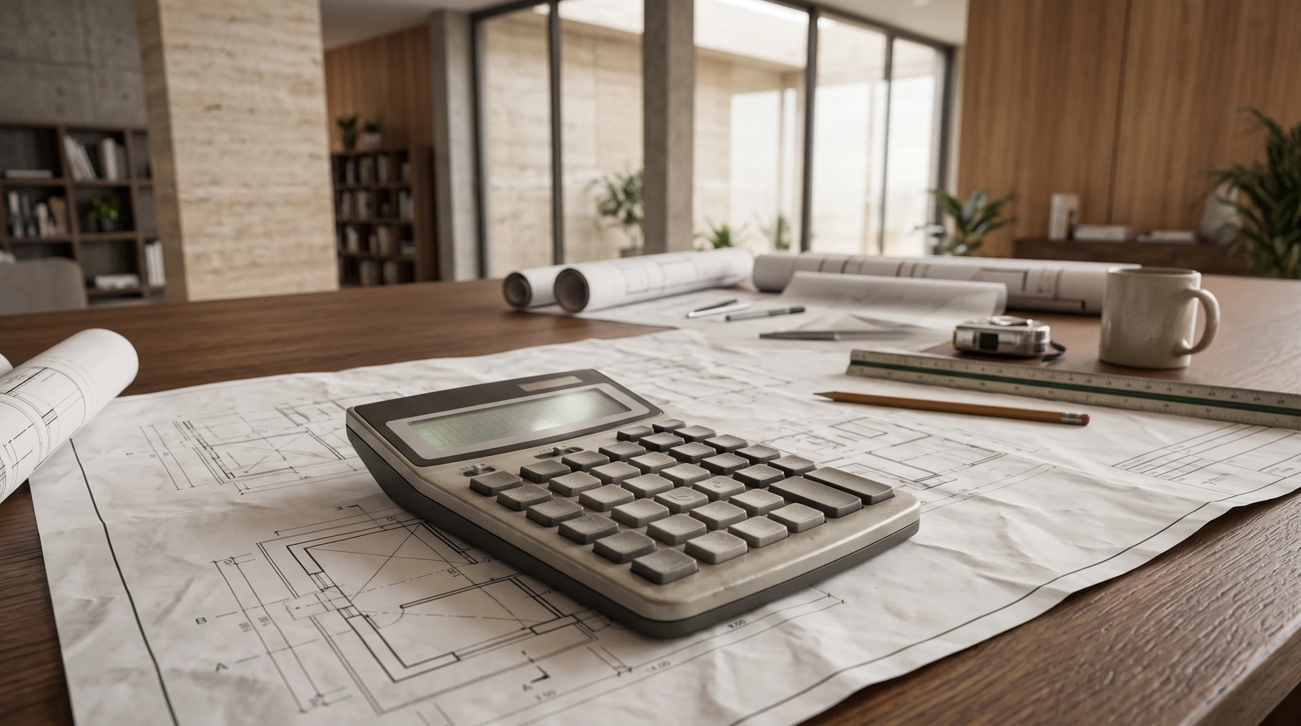 Vista de una calculadora sobre planos arquitectónicos con planos enrollados, regla y una taza sobre un escritorio de madera, representando la planificación detallada, el control presupuestario transparente y la dedicación diaria de RBA Residences en Zapopan.