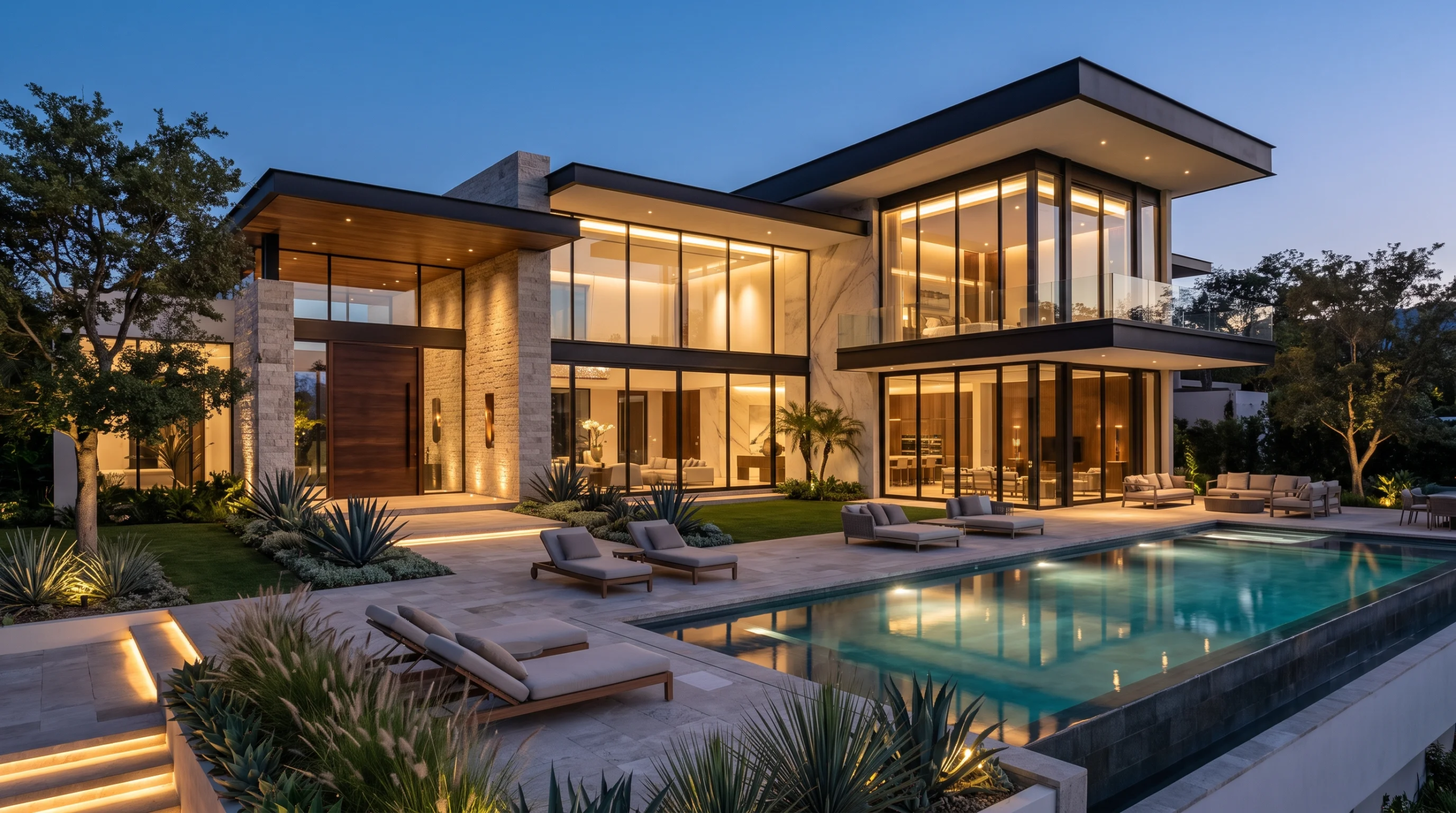 Vista de una residencia moderna de lujo de dos niveles con muros de cristal iluminados de piso a techo, acentos de piedra y una alberca exterior al crepúsculo, representando la elegancia nocturna y el diseño lumínico arquitectónico de RBA Residences en Zapopan.