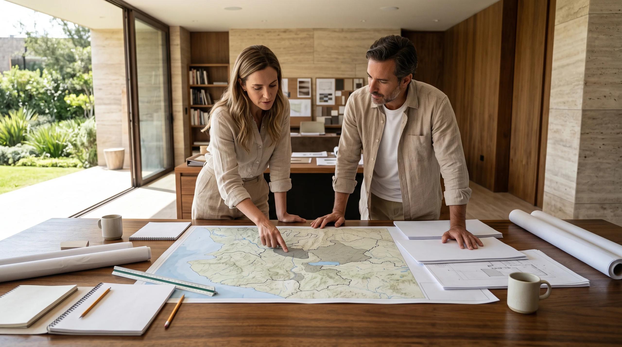 Vista de dos profesionales analizando un mapa de plan maestro sobre un escritorio de oficina, representando la integración urbana estratégica y la visión de desarrollo a largo plazo de RBA Residences en Zapopan.