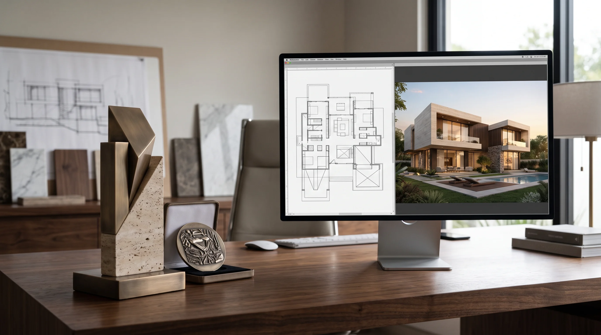 Vista de una computadora de escritorio mostrando un plano arquitectónico y un render 3D, junto a un trofeo escultural y una medalla en un escritorio de oficina, representando la excelencia premiada y la trayectoria comprobada de RBA Residences en Zapopan.