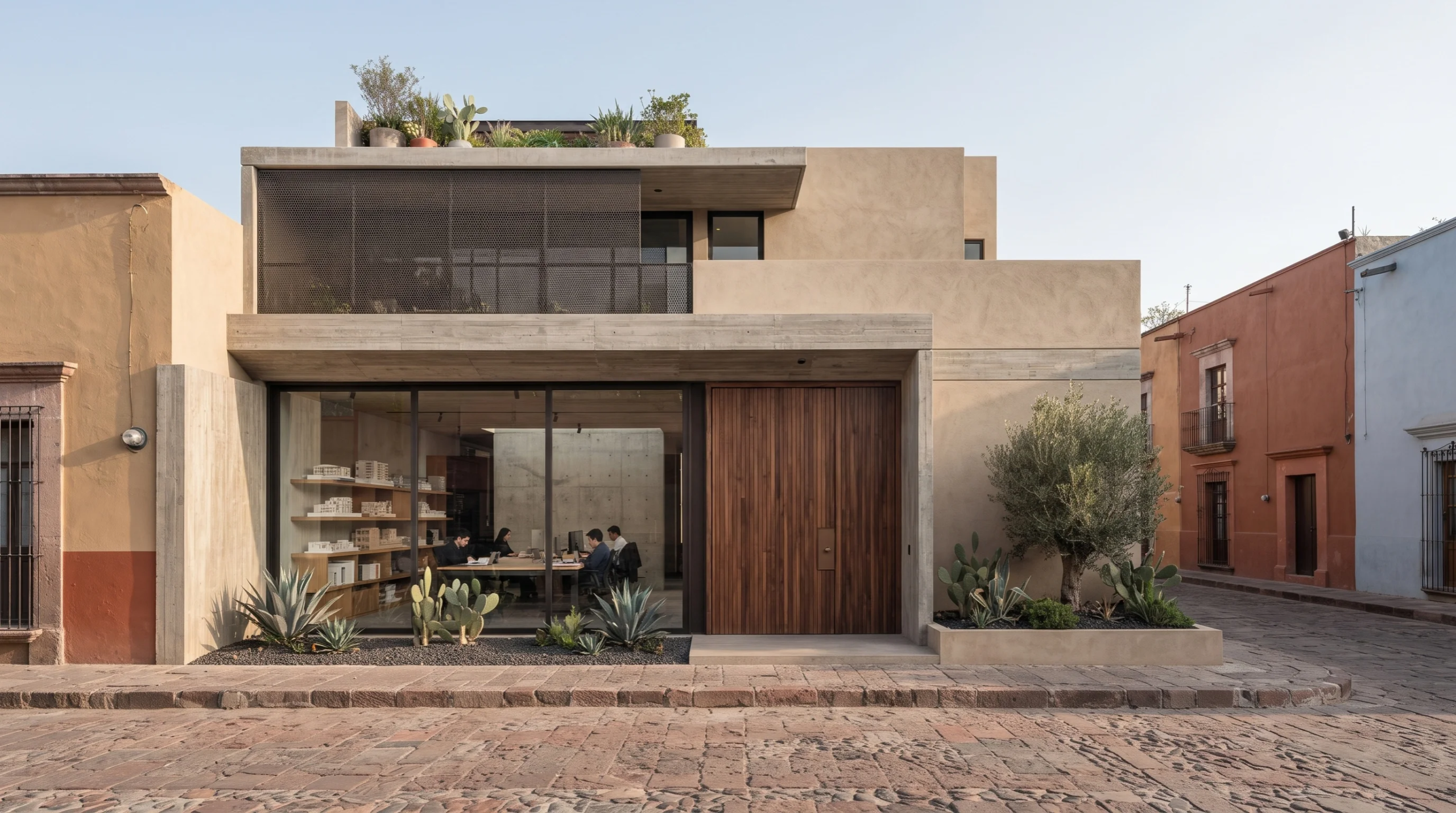 Vista de un edificio arquitectónico moderno situado a lo largo de una calle empedrada histórica, con estuco de tonos tierra cálidos, voladizos de concreto aparente, una gran puerta principal de madera, ventanales de exhibición y una terraza ajardinada en la azotea, representando la integración contextual y el diseño urbano de lujo de RBA Residences en Zapopan.