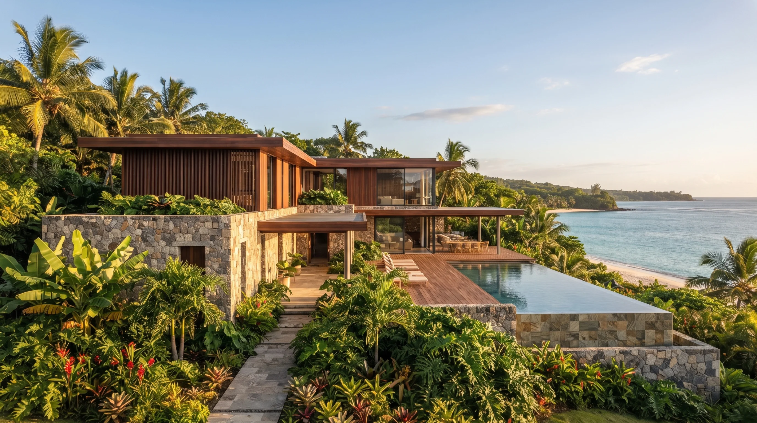 Vista de una villa de lujo frente al mar rodeada de densa vegetación tropical, con mampostería de piedra natural, acabados de madera cálida, una alberca infinita con vista al océano y amplias terrazas exteriores, representando la integración bioclimática costera y el diseño de villas exclusivas de RBA Residences en Zapopan.