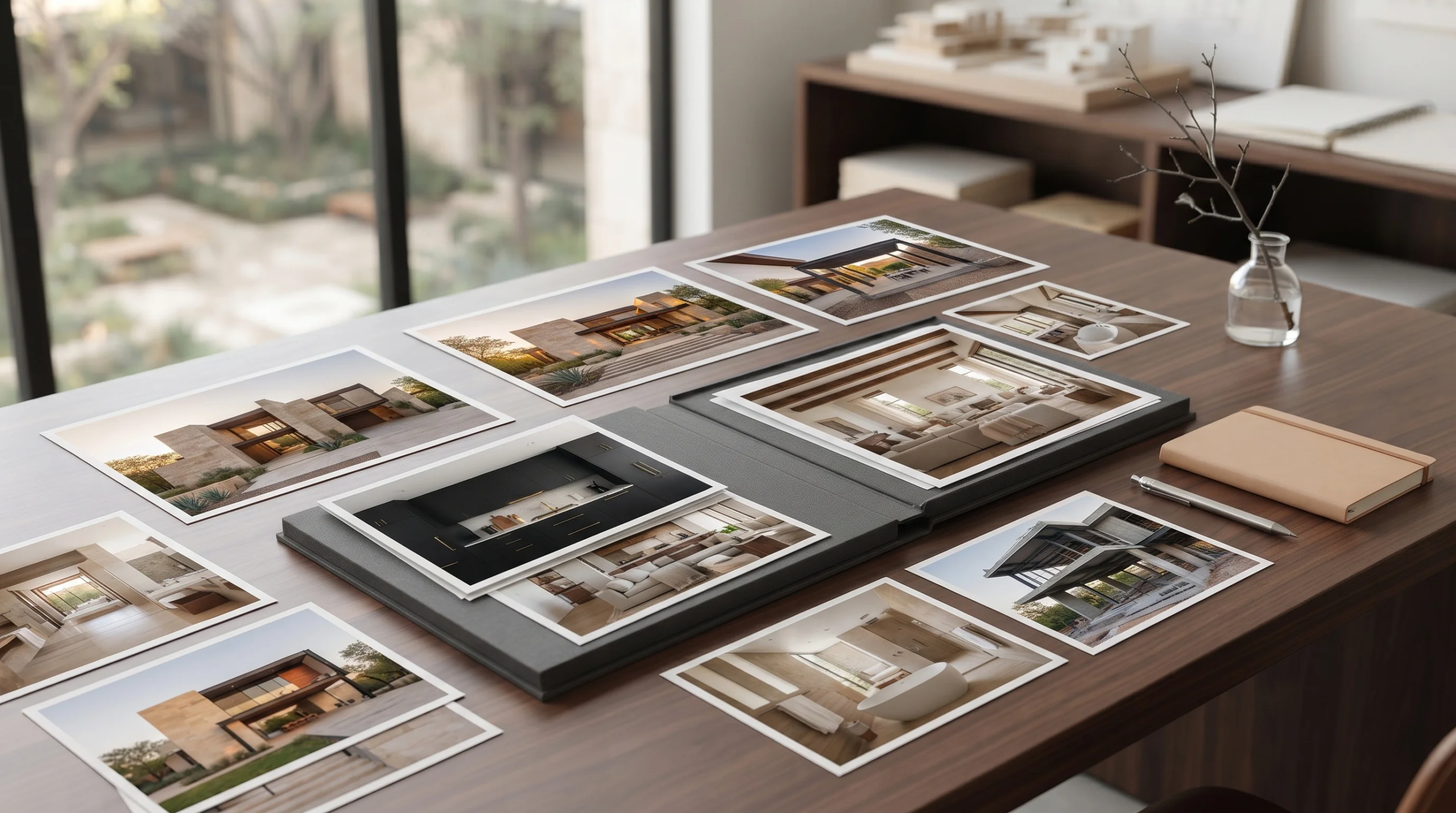 Vista de un escritorio de madera oscura con un álbum de portafolio arquitectónico, fotografías impresas de exteriores e interiores de casas de lujo, un bolígrafo, un cuaderno pequeño y un jarrón con ramas secas, representando la narrativa visual curada y la presentación de diseño de RBA Residences en Zapopan.