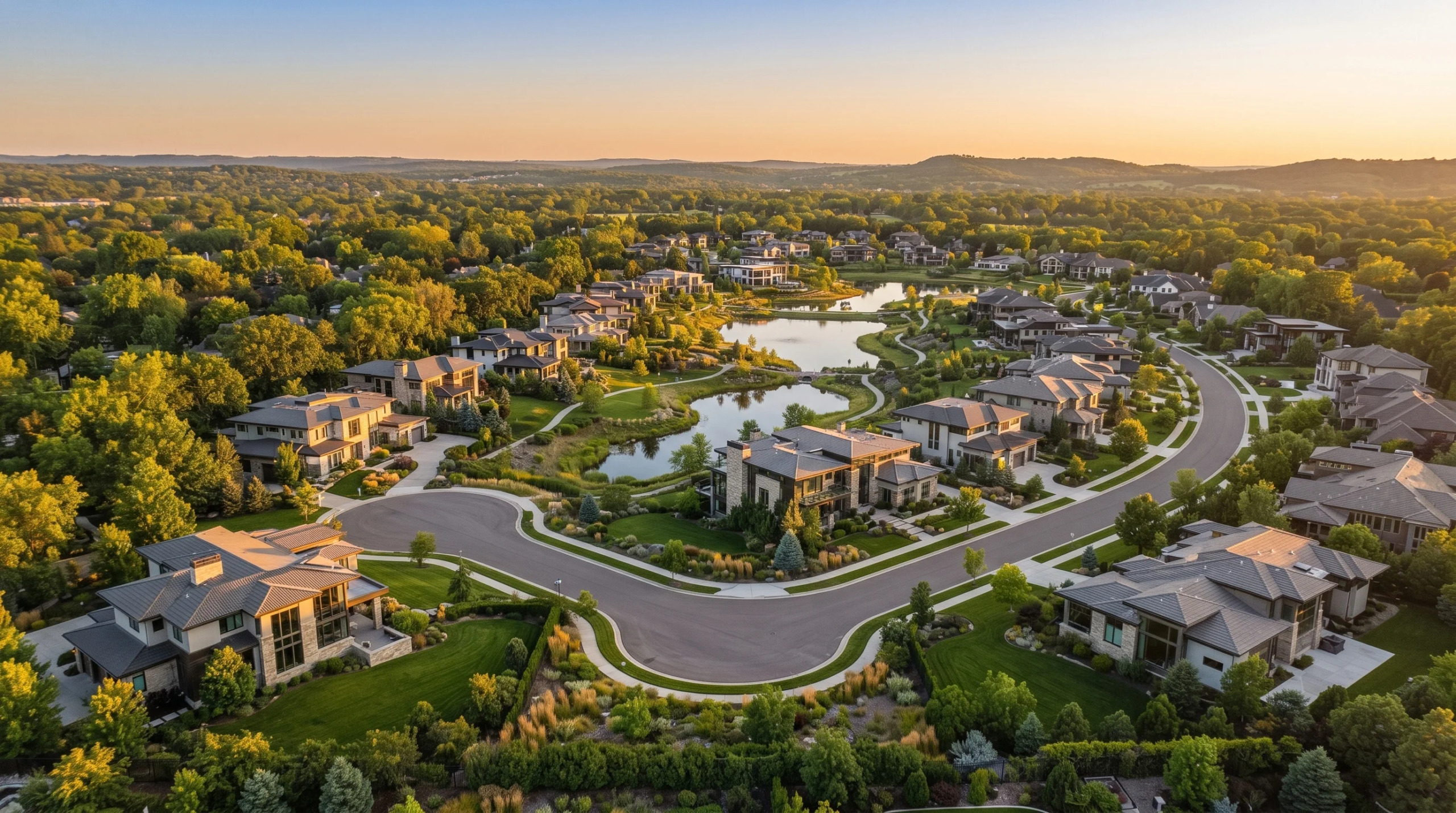Vista aérea de un exclusivo vecindario residencial con casas modernas de lujo, caminos pavimentados sinuosos, exuberante paisajismo verde y estanques interconectados que rodean los lotes, representando la armonía topográfica y la curaduría del entorno de RBA Residences en Zapopan.