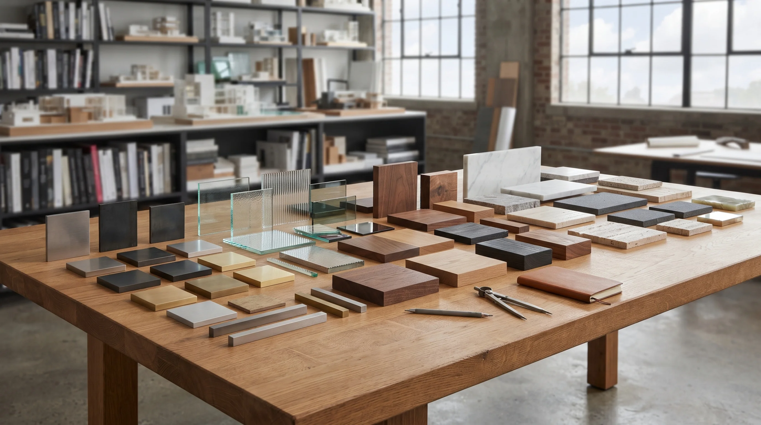 Vista de una mesa de estudio de madera organizada con muestras de materiales arquitectónicos, incluyendo losas de mármol, bloques de madera, paneles de vidrio, muestras de metal, un lápiz de dibujo y divisores, representando la curaduría táctil y la selección de acabados premium de RBA Residences en Zapopan.