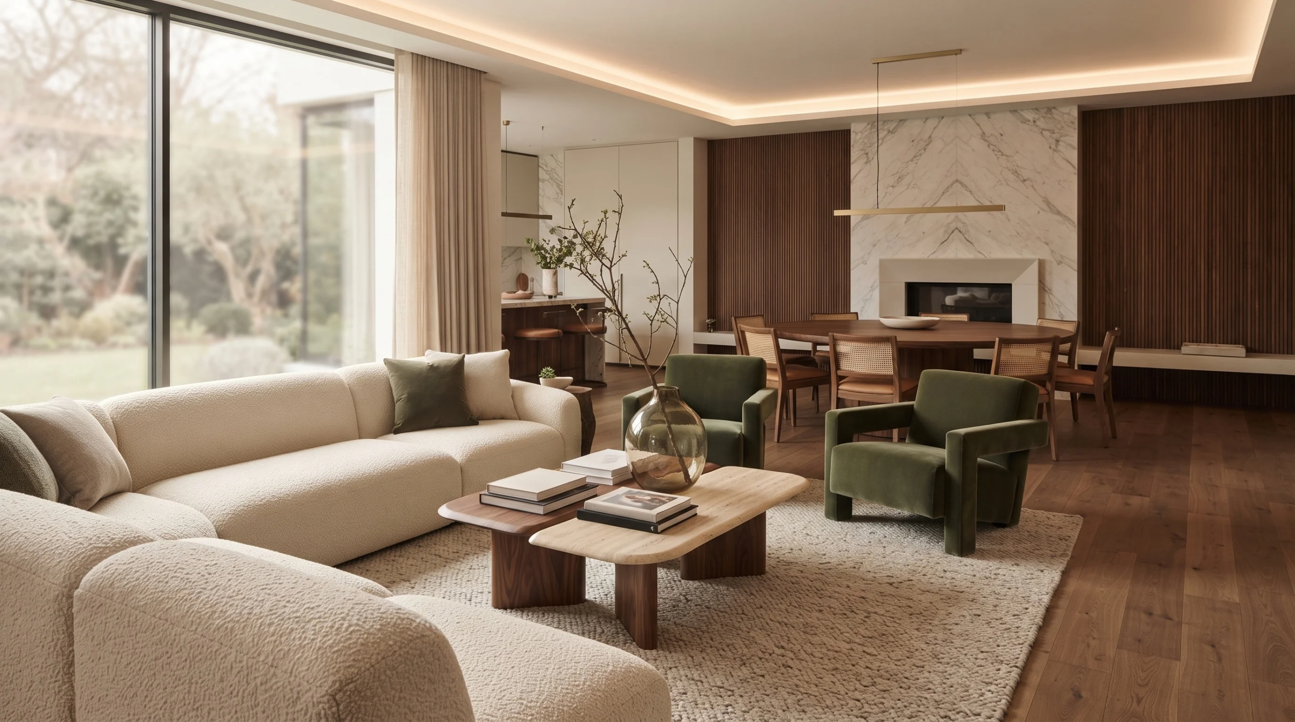 Vista de un elegante interior de sala de estar con un sofá seccional curvo acolchado color blanco hueso, sillones verde oliva, mesas de centro de madera, paneles de pared de listones de madera y un marco de chimenea de mármol en una distribución de planta abierta, representando la elegancia interior y la calidez textural de RBA Residences en Zapopan.