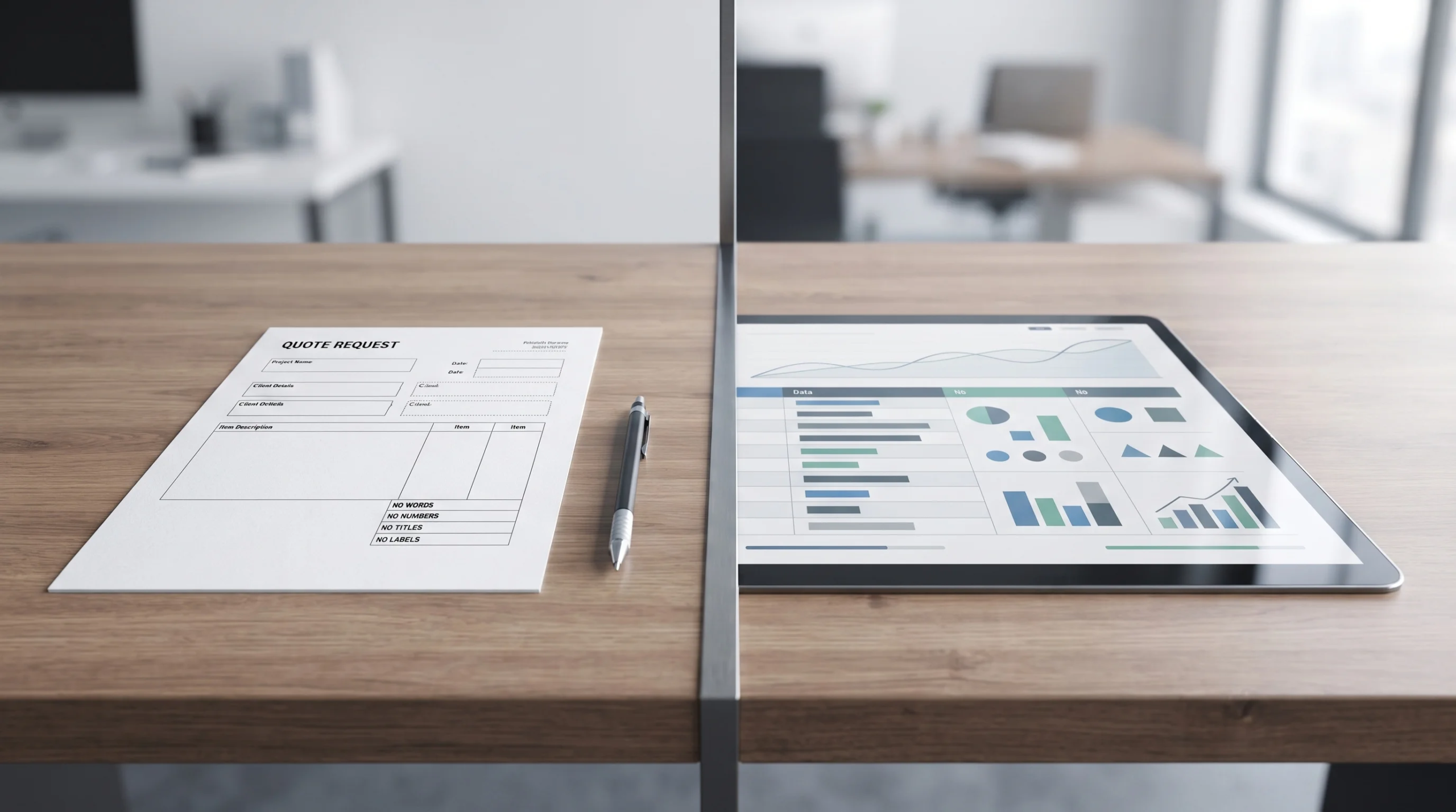 Vista de una composición dividida en un escritorio de madera con un formulario de solicitud de cotización impreso y un bolígrafo a la izquierda, separado por un divisor metálico de una tableta digital que muestra gráficos y análisis interactivos a la derecha, representando la transparencia en costos y la modernización del proceso de RBA Residences en Zapopan.
