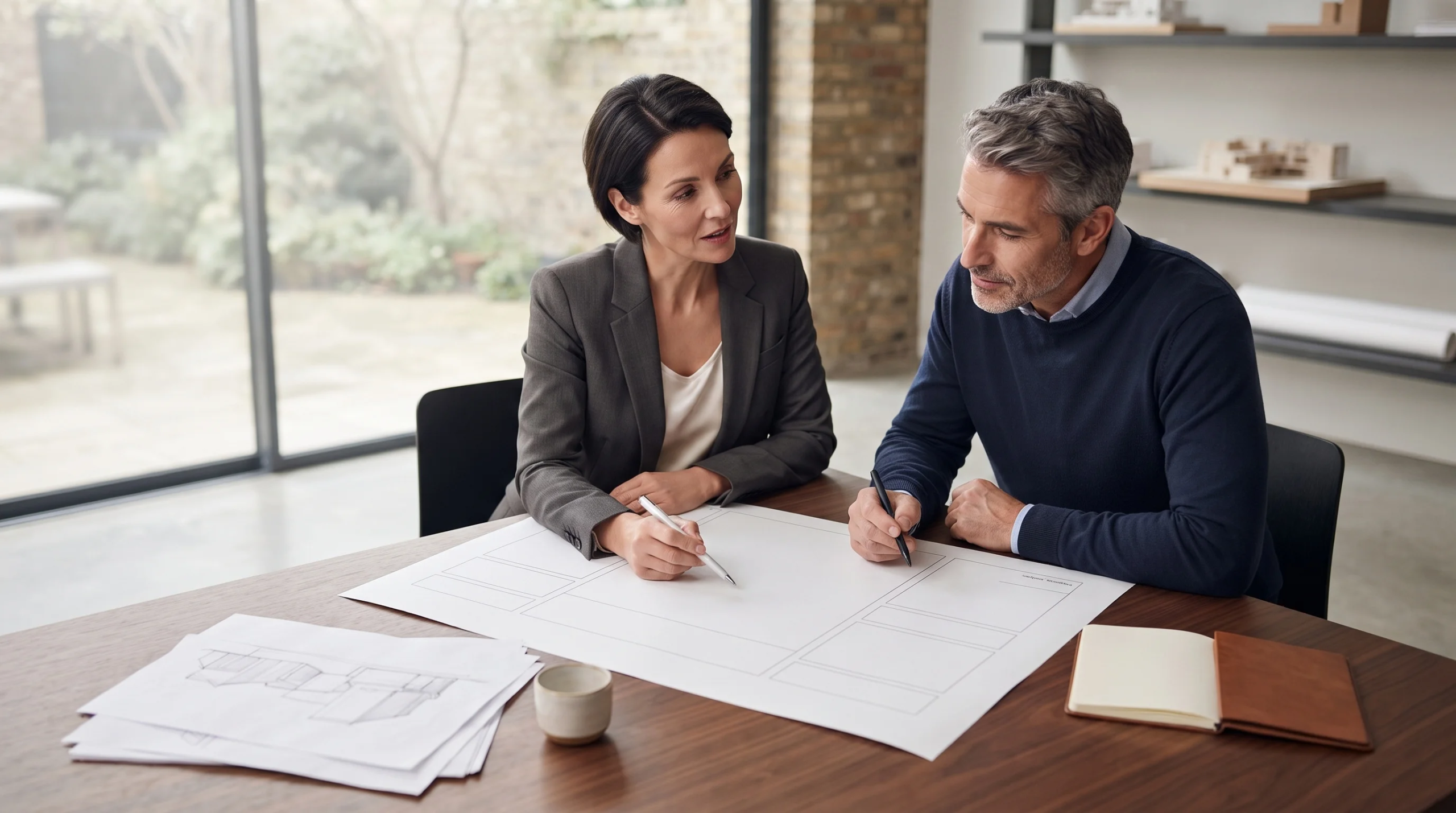 Vista de una arquitecta con blazer oscuro discutiendo planos arquitectónicos con un cliente en una mesa de reunión de madera, sosteniendo bolígrafos sobre planos de planta en una oficina moderna, representando la consultoría personalizada y la guía experta de RBA Residences en Zapopan.