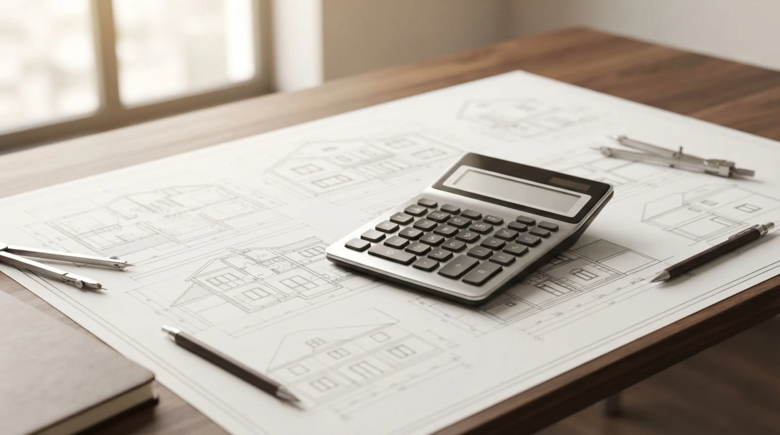 Vista de un escritorio de madera con planos arquitectónicos extendidos, una calculadora de escritorio en el centro, lápices de dibujo y compases, representando la precisión matemática y el diseño fundacional de RBA Residences en Zapopan.