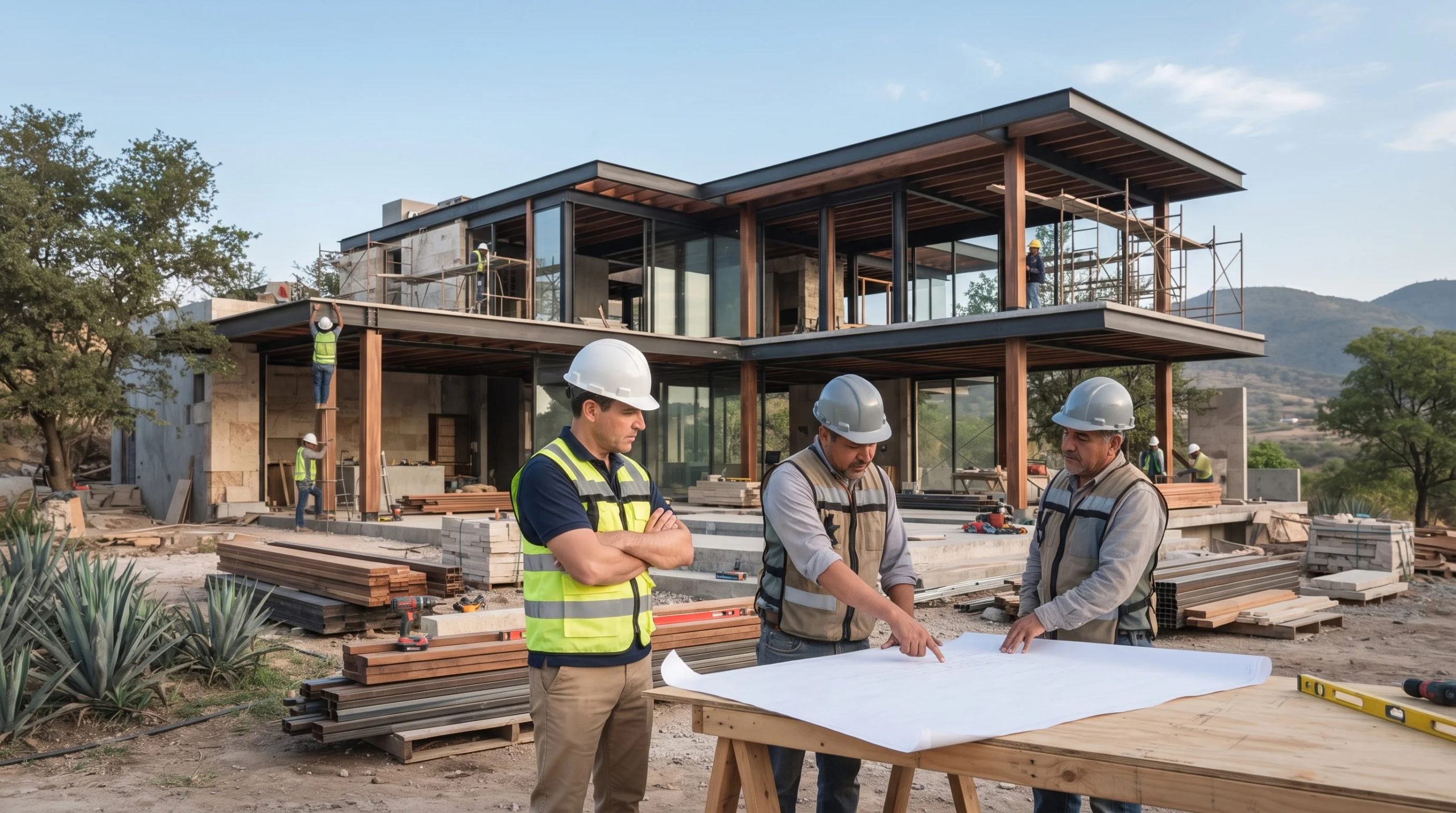 Vista de un equipo de construcción compuesto por ingenieros y capataces con cascos de seguridad reunidos alrededor de una mesa de trabajo de madera para examinar planos arquitectónicos frente a una residencia moderna de estructura de acero en construcción, representando la sinergia técnica y el control de obra de RBA Residences en Zapopan.