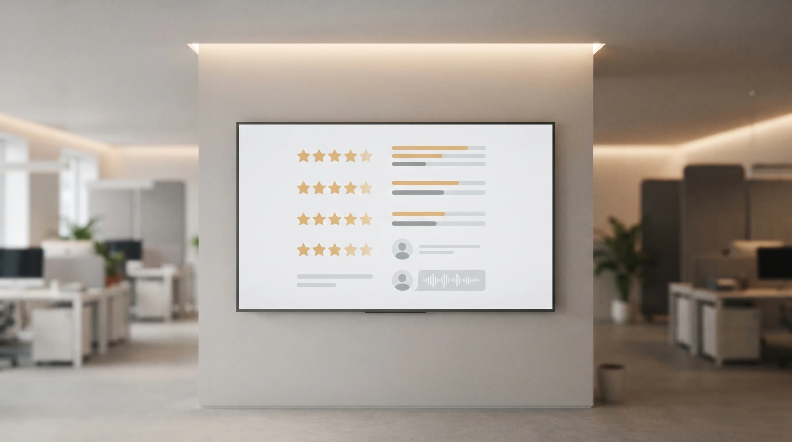 Vista de una pantalla digital montada en la pared de una oficina moderna que muestra métricas de satisfacción del cliente con gráficos de estrellas, barras de progreso, iconos de perfil y una gráfica de onda de audio, representando la validación de la experiencia del cliente y la excelencia comprobada de RBA Residences en Zapopan.
