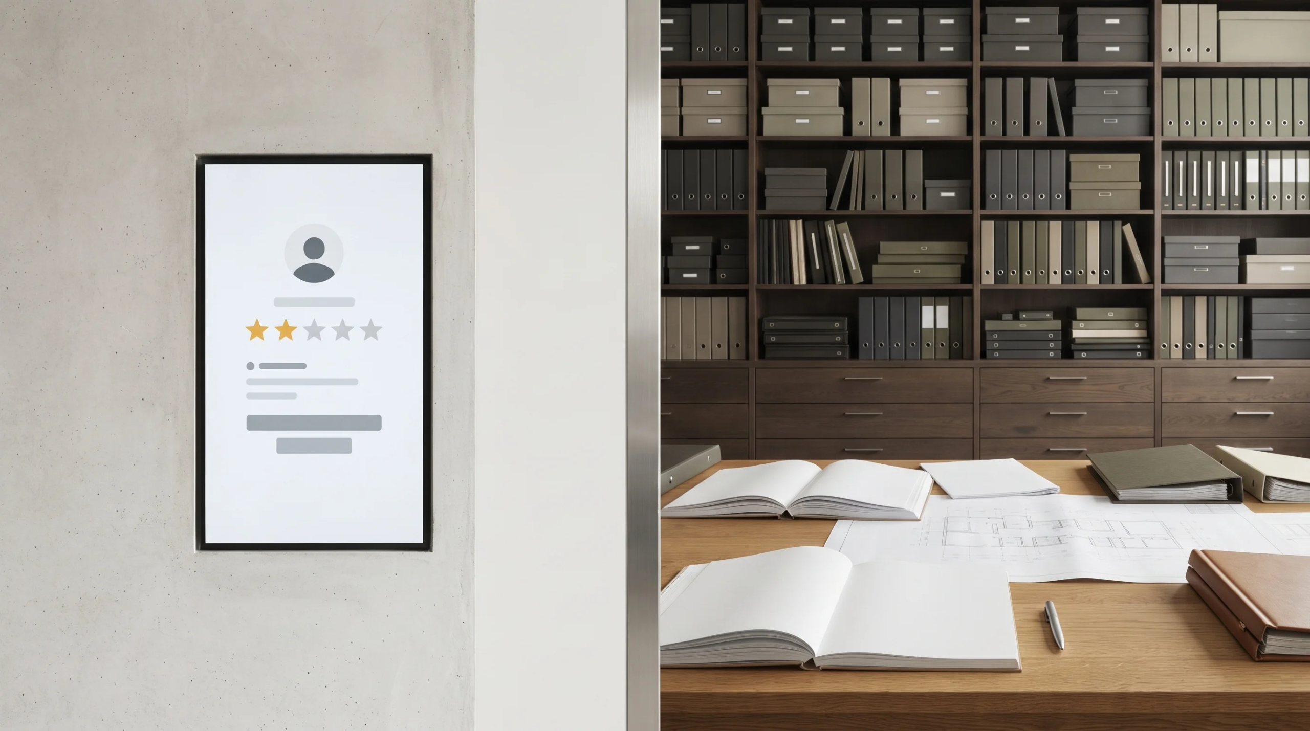 Vista de una pantalla digital vertical montada en un muro de concreto que muestra un perfil con una calificación de dos estrellas, junto a una biblioteca de oficina con estanterías, cajas de almacenamiento, planos y cuadernos abiertos sobre una mesa de madera, representando el control de calidad proactivo y la mejora continua de RBA Residences en Zapopan.