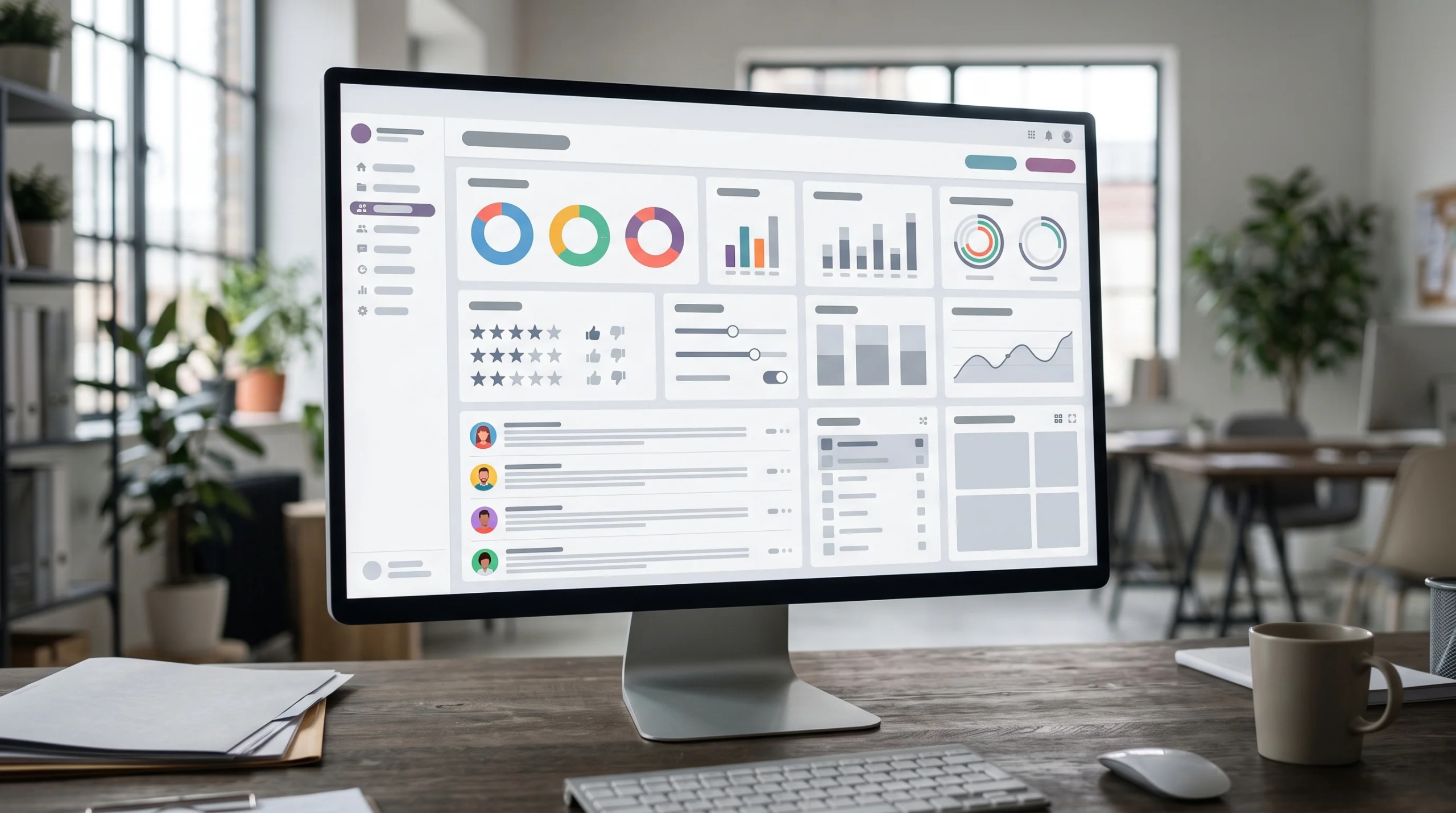 Vista de un monitor de computadora de escritorio sobre un escritorio de madera que muestra un panel de datos limpio con gráficos circulares, gráficos de barras, métricas de rendimiento y tarjetas de comentarios de usuarios, representando el seguimiento transparente del proyecto y la satisfacción del cliente de RBA Residences en Zapopan.