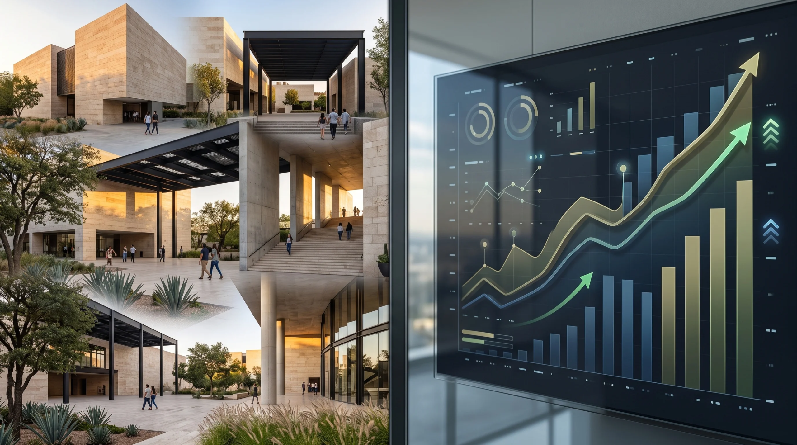 Vista de una composición dividida que empareja vistas exteriores de un complejo arquitectónico moderno con estructuras de piedra caliza, doseles de acero y plazas al aire libre a la izquierda, con una pantalla digital que muestra gráficos de crecimiento ascendente y análisis de rendimiento a la derecha, representando la visión estratégica y el valor patrimonial de RBA Residences en Zapopan.