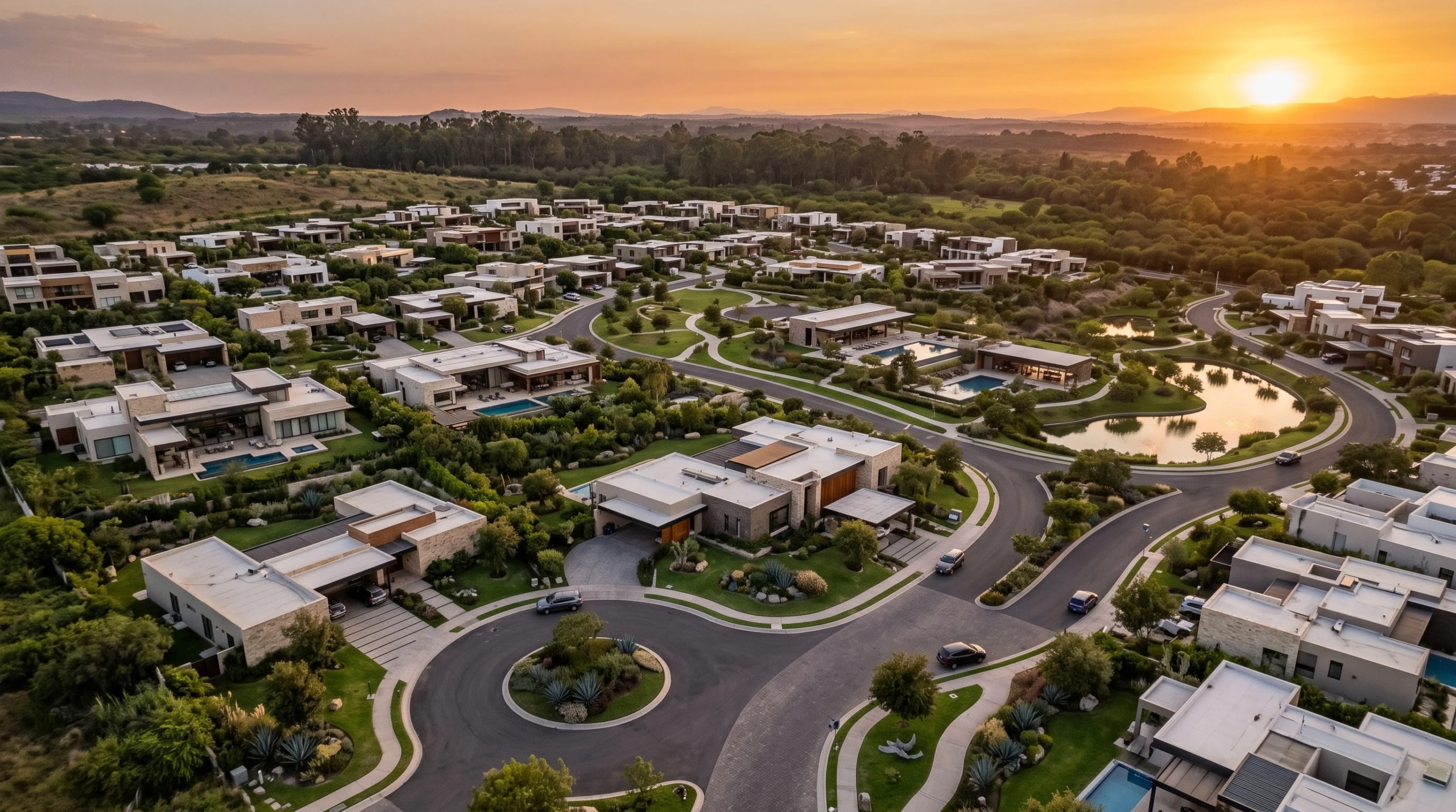 Vista aérea de una exclusiva comunidad residencial planificada rodeada de exuberante vegetación al atardecer, con villas privadas con albercas, caminos curvos y un lago natural central, representando el prestigio del enclave y la planificación maestra sostenible de RBA Residences en Zapopan.