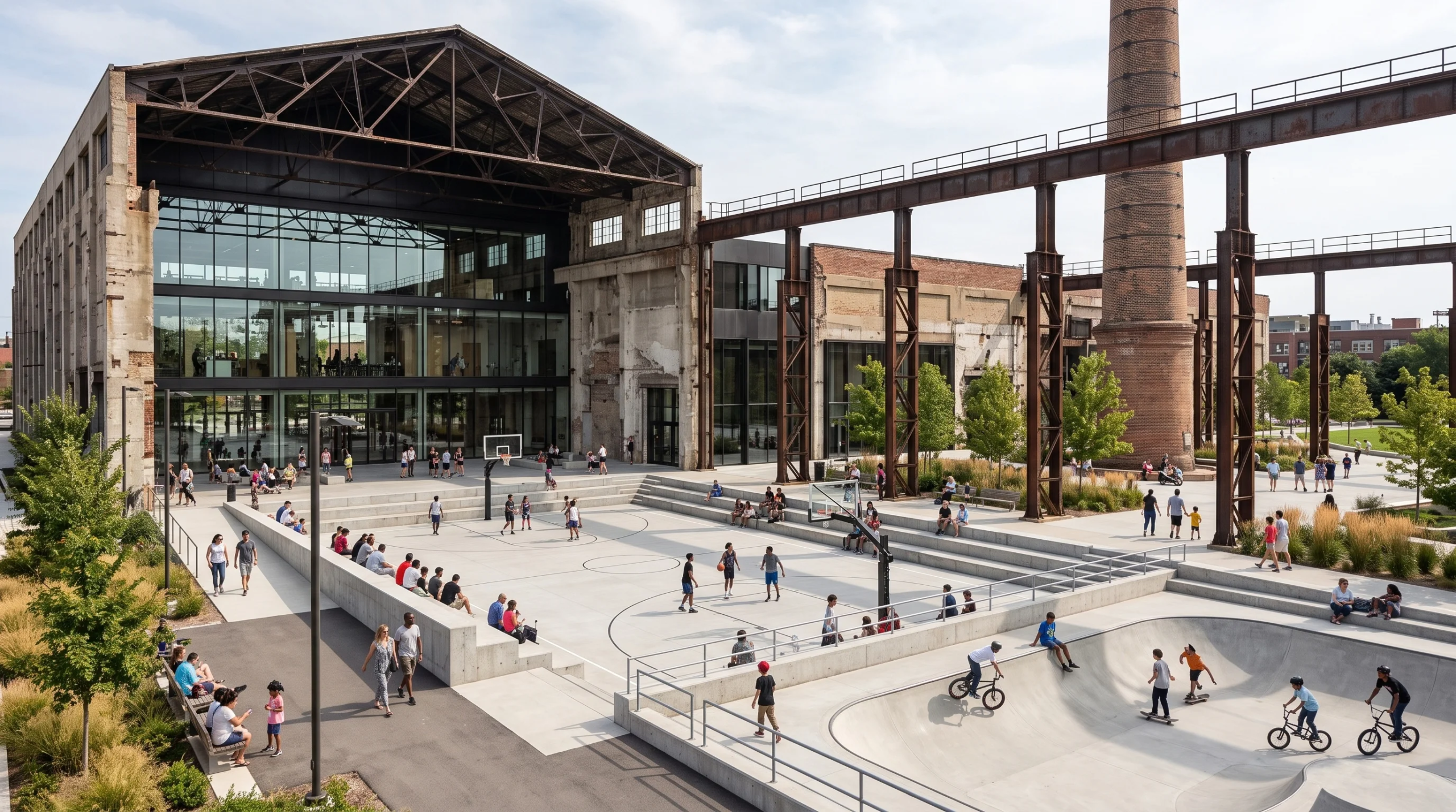 Vista de una vibrante plaza pública regenerada de una instalación industrial histórica, con cancha de baloncesto, skatepark de concreto hundido y gradas, junto a una estructura de vidrio y una prominente chimenea de ladrillo, representando la versatilidad arquitectónica y la regeneración urbana de RBA Residences en Zapopan.
