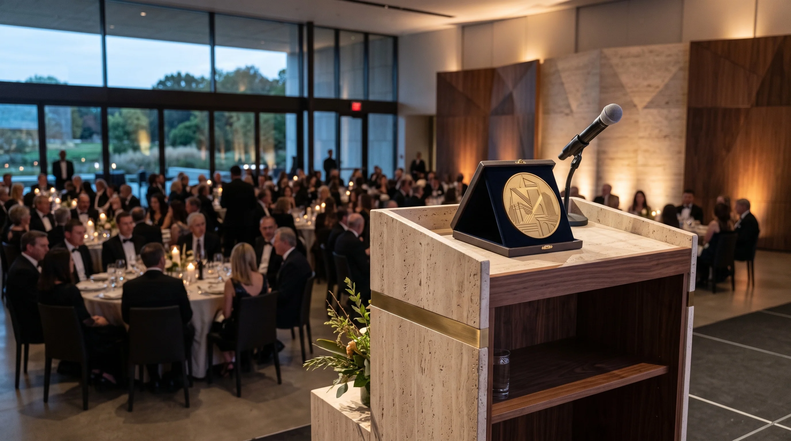 Vista de un podio de piedra y nogal con un micrófono y una medalla arquitectónica dorada enmarcada sobre un escenario durante una cena de gala, con vista a un salón lleno de invitados, representando el liderazgo de la industria y el reconocimiento a la excelencia de RBA Residences en Zapopan.