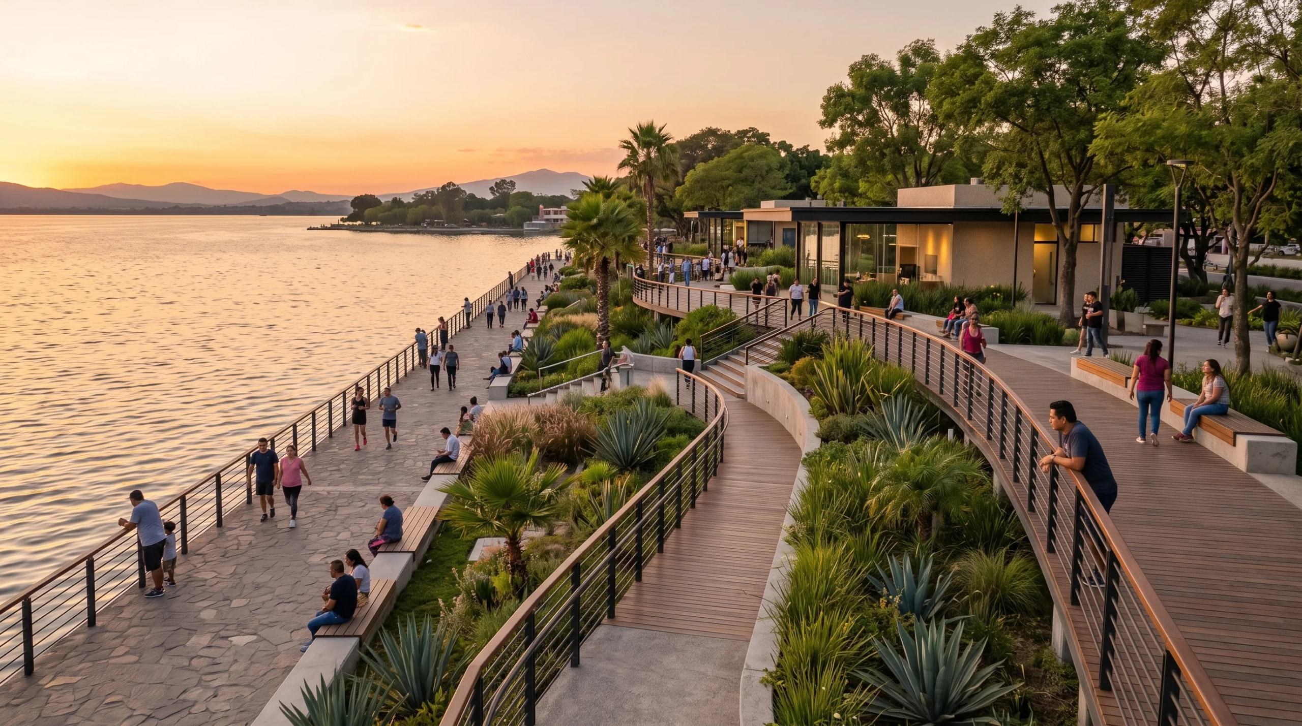 Vista de un malecón escénico con pasarelas elevadas de madera, senderos de piedra y jardines nativos paisajísticos a lo largo de un lago tranquilo al atardecer, representando el diseño biofílico y la integración natural de RBA Residences en Zapopan.