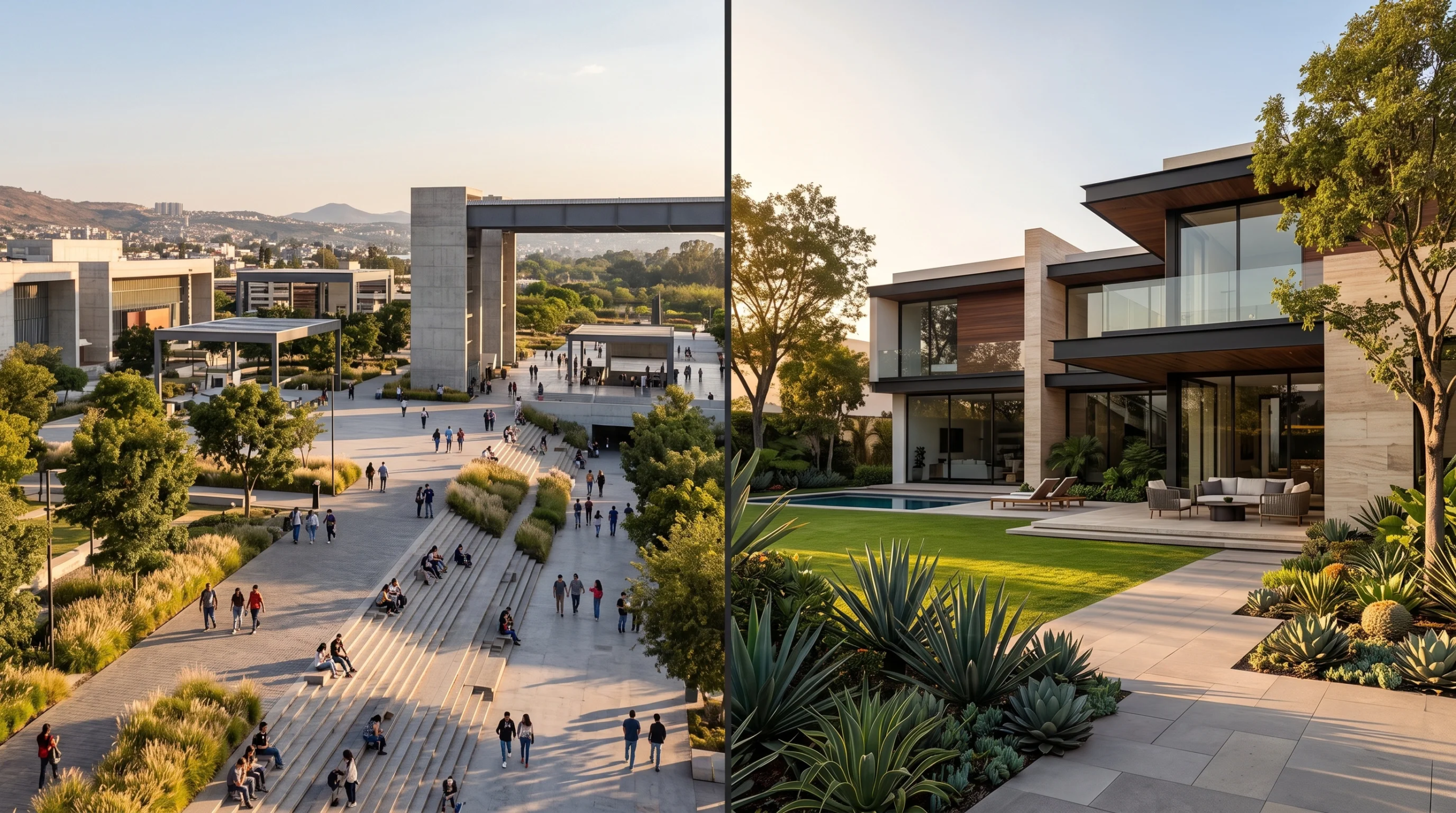 Vista de una composición dividida que compara una plaza cívica pública con terrazas de concreto y edificios institucionales modernos a la izquierda, con una residencia de lujo privada y serena con jardín impecable, patio y alberca a la derecha, representando la maestría dual y la armonía contextual de RBA Residences en Zapopan.