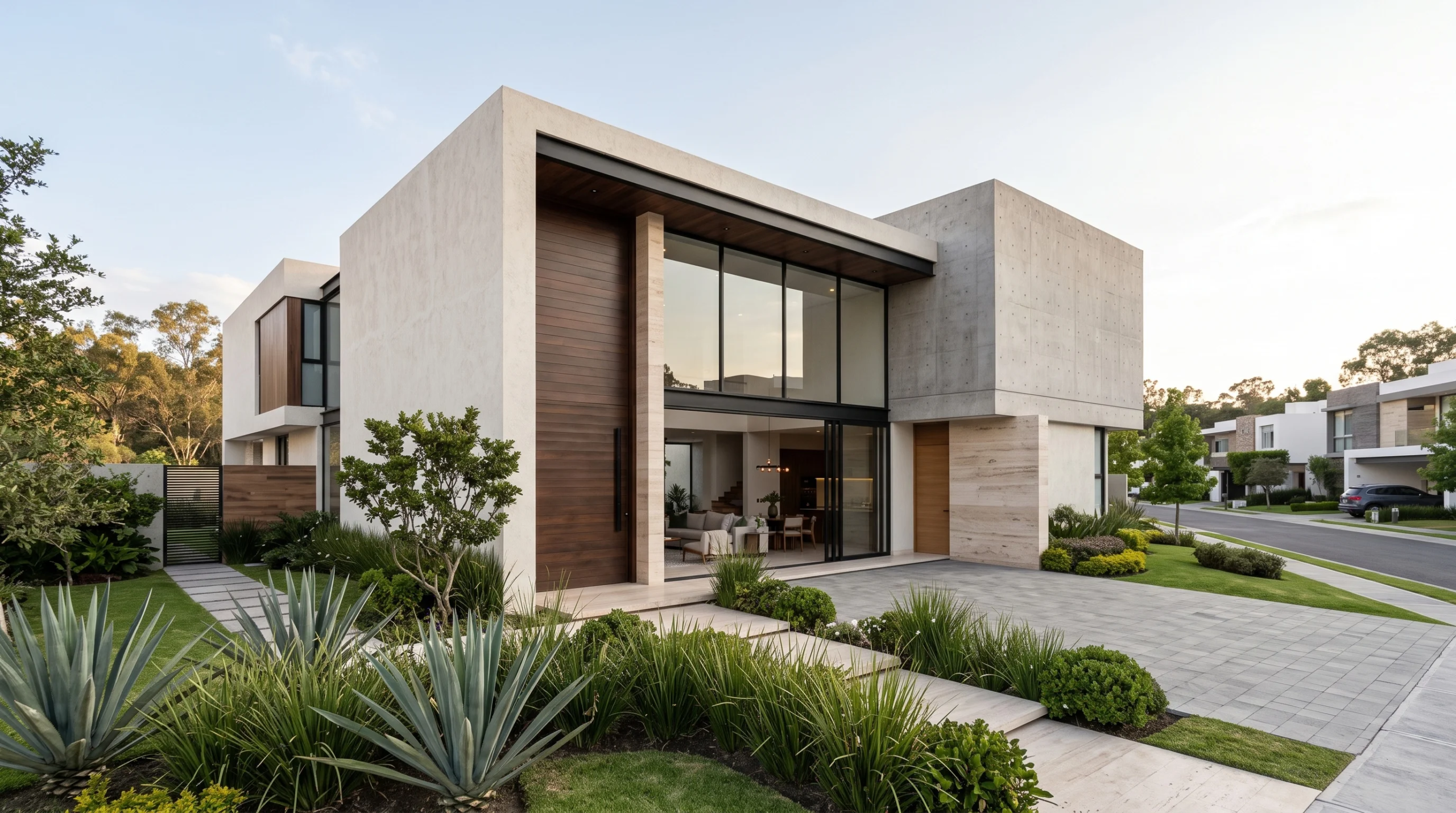 Vista de una residencia de lujo moderna de dos niveles con muros de yeso liso, volúmenes de concreto aparente con encofrado de madera, paneles de madera cálida y amplias puertas corredizas de vidrio, enmarcada por una entrada pavimentada y jardines paisajísticos, representando la elegancia escultórica y el contraste de materiales de RBA Residences en Zapopan.