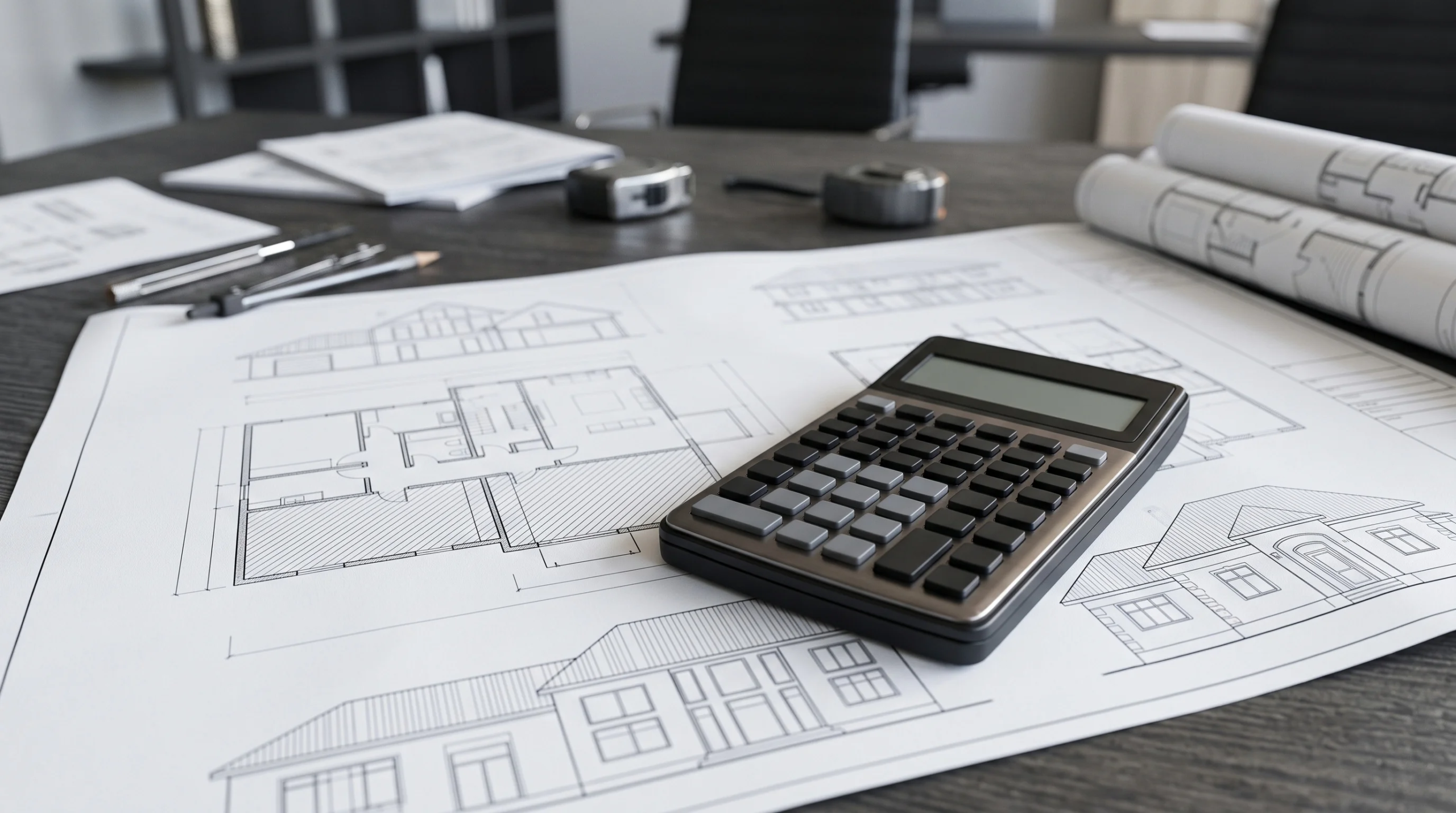 Vista de un plano de planta arquitectónico detallado y un dibujo de elevación sobre un escritorio de madera oscura, junto a una calculadora, herramientas de dibujo, cintas métricas y planos enrollados, representando la exactitud dimensional y la planificación técnica de RBA Residences en Zapopan.