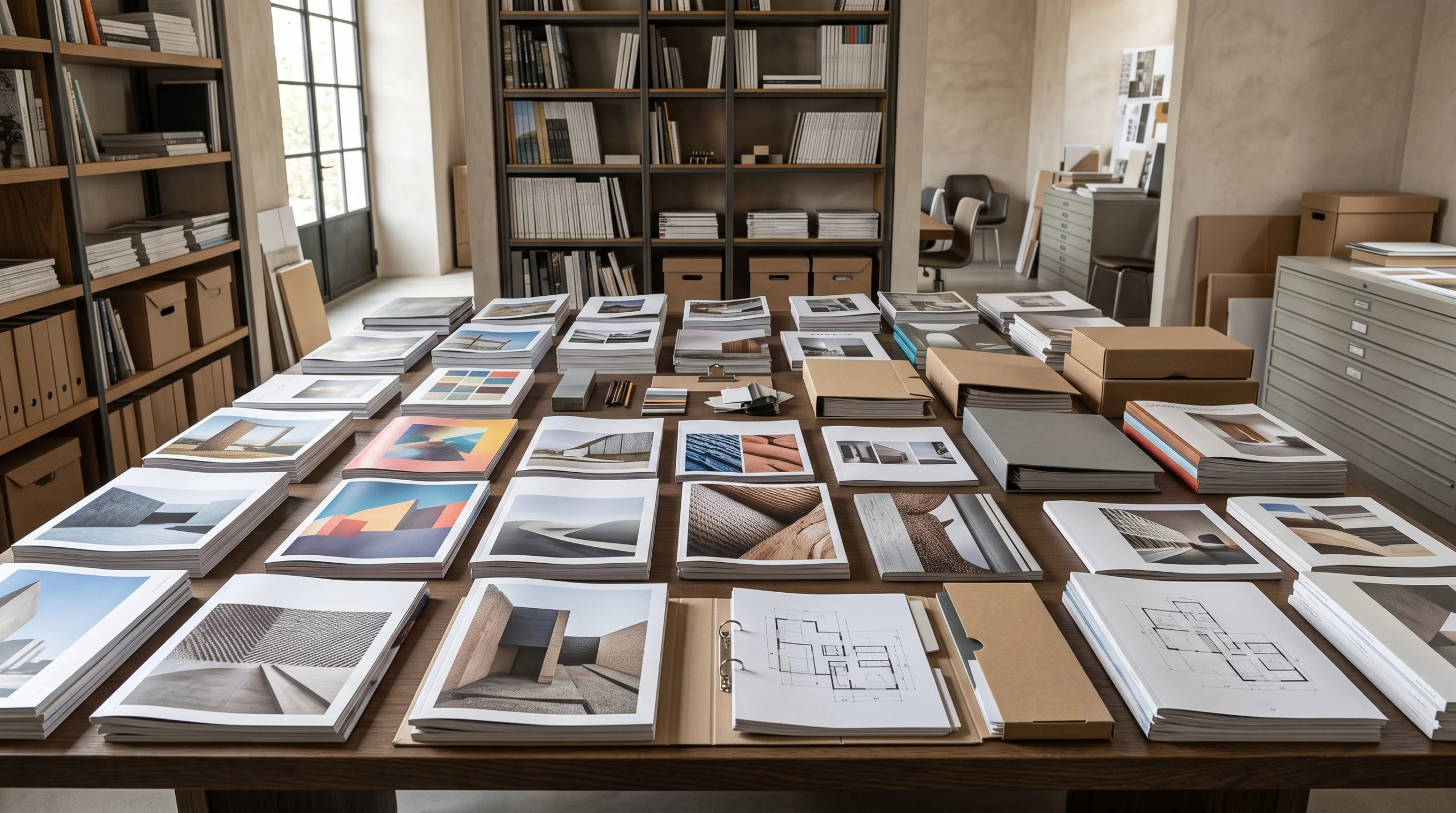 Vista de una gran mesa de madera en un estudio de archivo arquitectónico, organizada con portafolios impresos, libros de fotografía arquitectónica, carpetas de maquetación y documentación de diseño, representando la excelencia archivística y la preservación del legado de diseño de RBA Residences en Zapopan.