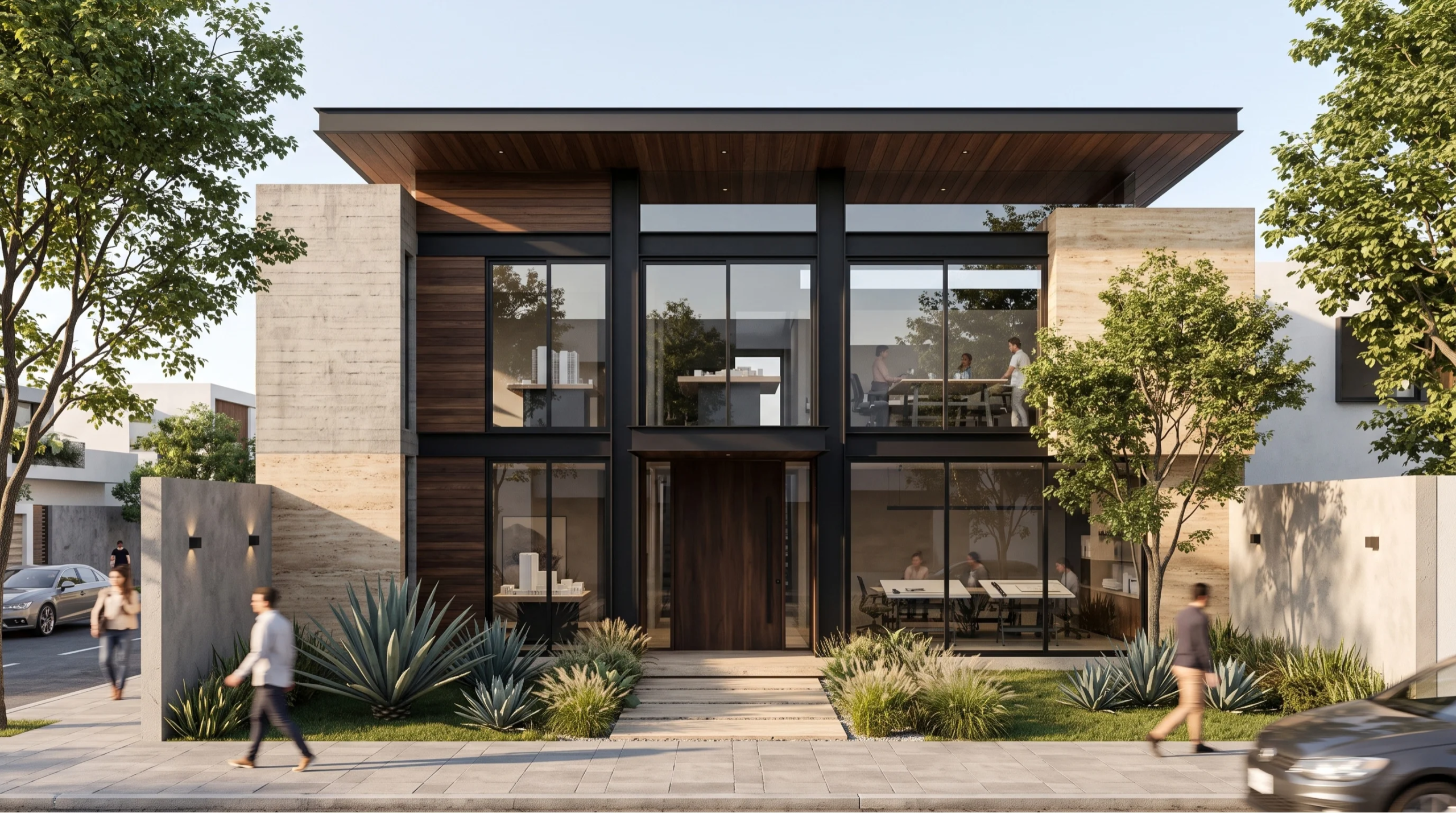Vista de una residencia de lujo moderna de dos niveles con grandes ventanales de piso a techo, estructura de concreto, paneles de madera cálida y una puerta de entrada central. Integra espacios de trabajo interiores modernos con senderos paisajísticos y vegetación circundante, representando la conexión interior-exterior y la armonía natural de RBA Residences en Zapopan.