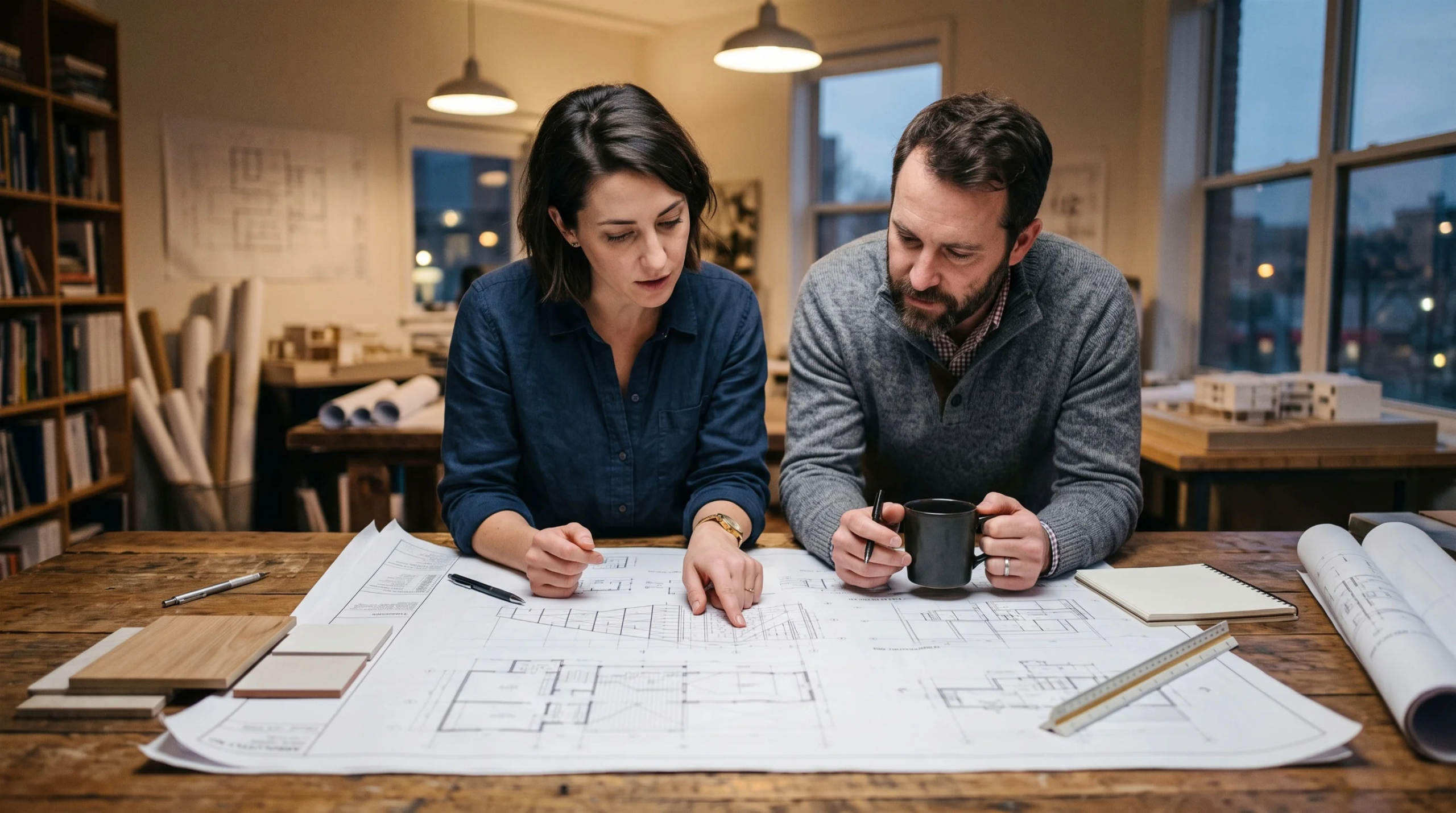 Vista de una sesión de reconciliación de planos entre arquitectura e ingeniería, revisión de esquemas físicos y escala de dibujo, verificación de muestras de acabados (madera y azulejo), junto con la coordinación de oficios multidisciplinarios y verificación de especificaciones de diseño a construcción, representando la sinergia pre-constructiva y la precisión de RBA Residences en Zapopan.